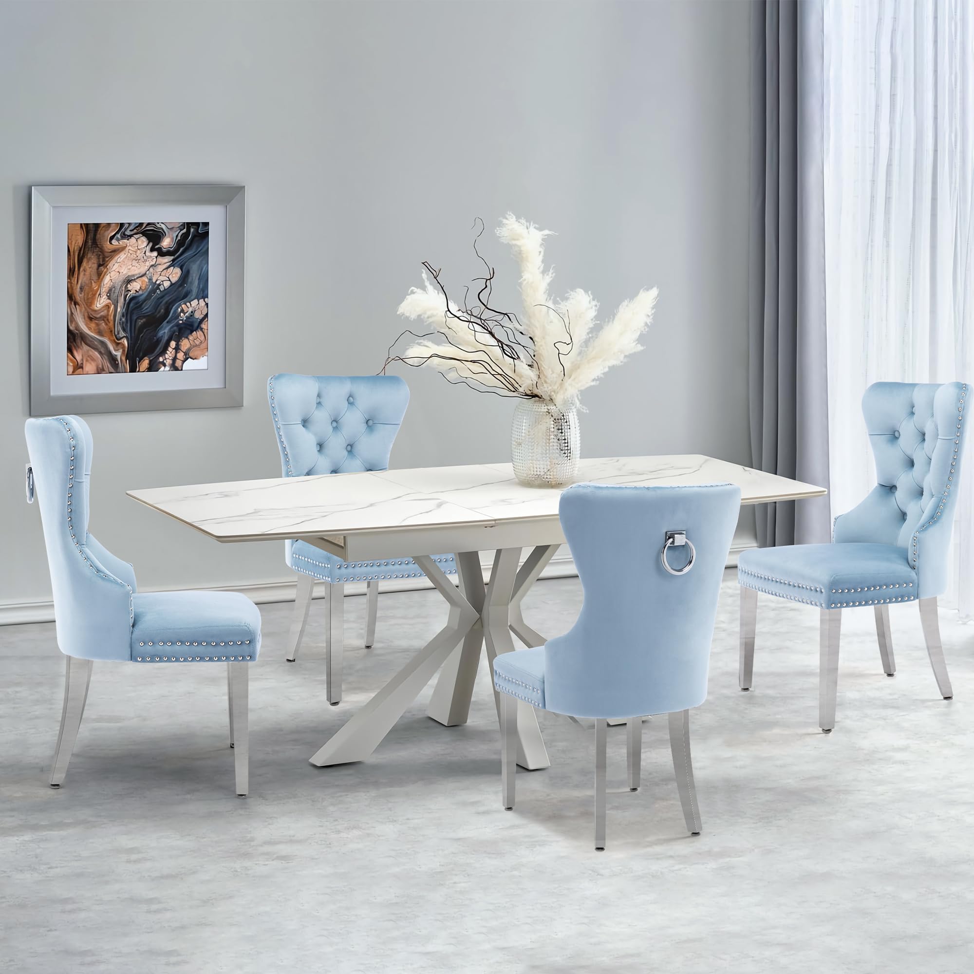 Luxury Velvet Dining Chairs Set of 2 - Tufted Upholstered Dining Room Chairs with Stainless Steel Legs & Ring Pull Details, Navy Blue - Perfect for Modern Dining Room, Kitchen Breakfast Nook & Home Office Decor