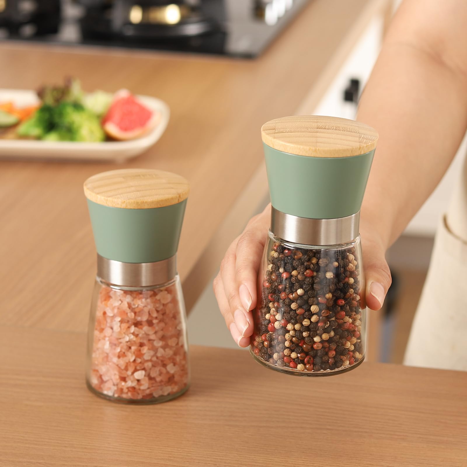 Premium Bamboo Salt and Pepper Grinder Set - Adjustable Ceramic Burr Mill for Coarse to Fine Seasoning - Refillable Manual Kitchen Shakers (Green) - Perfect for Cooking, Dining & Gourmet Gift Giving