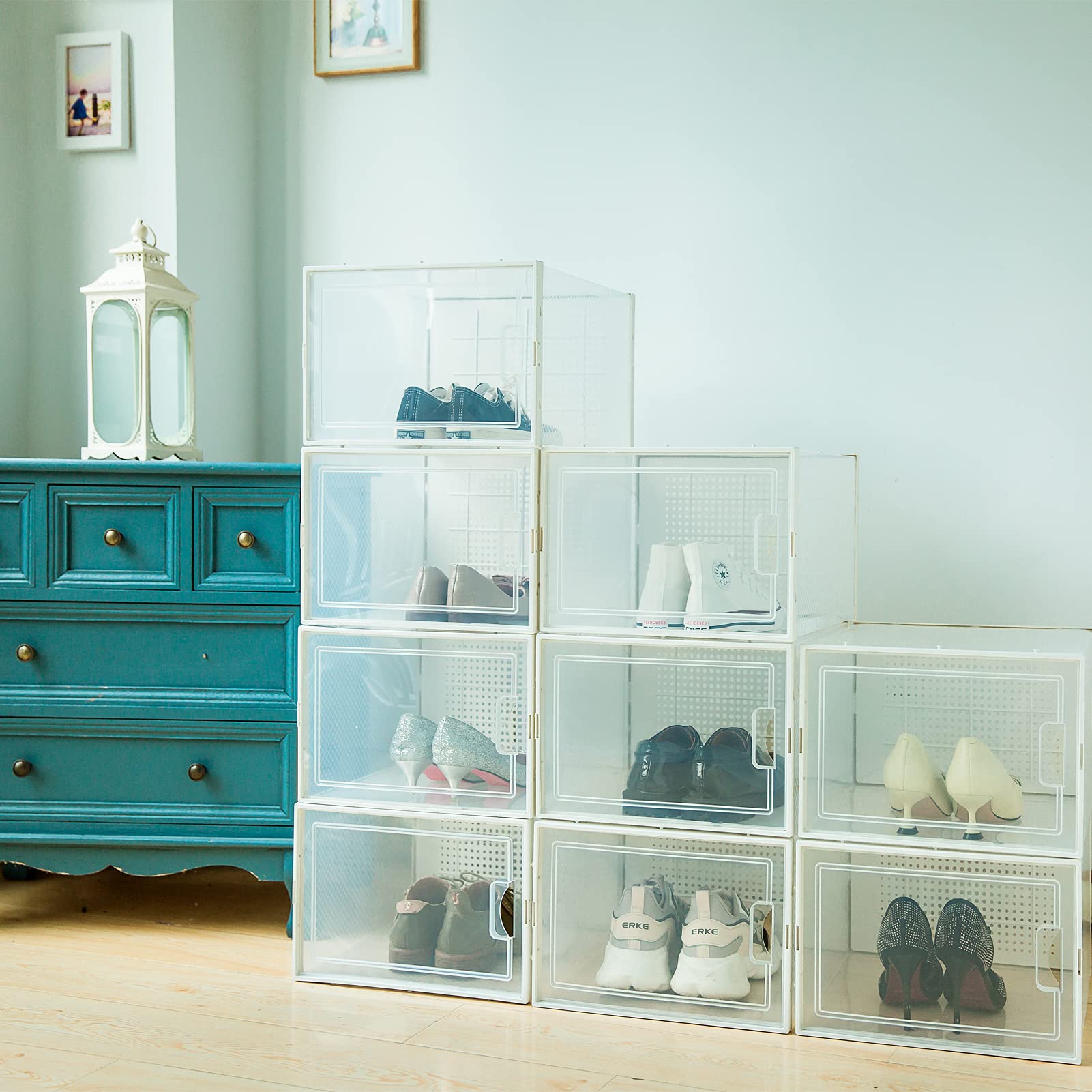 SANTIE 9 Pack Clear Plastic Shoe Storage Boxes - Stackable Shoe Organizer Bins for Men & Women, Heavy Duty Shoe Box Holds Up to Size 13.5, Perfect for Closet, Bedroom, Entryway Organization