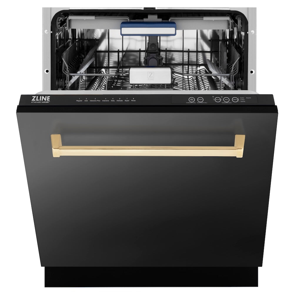 ZLINE Autograph Edition 24-inch Built-In Tall Tub Dishwasher - Black Stainless Steel with Champagne Bronze Handle, 51dBa (DWVZ BS 24 CB) | Quiet Operation, 3rd Rack, Top Control | Perfect for Modern Kitchens, Open Concept Homes & Luxury Apartments