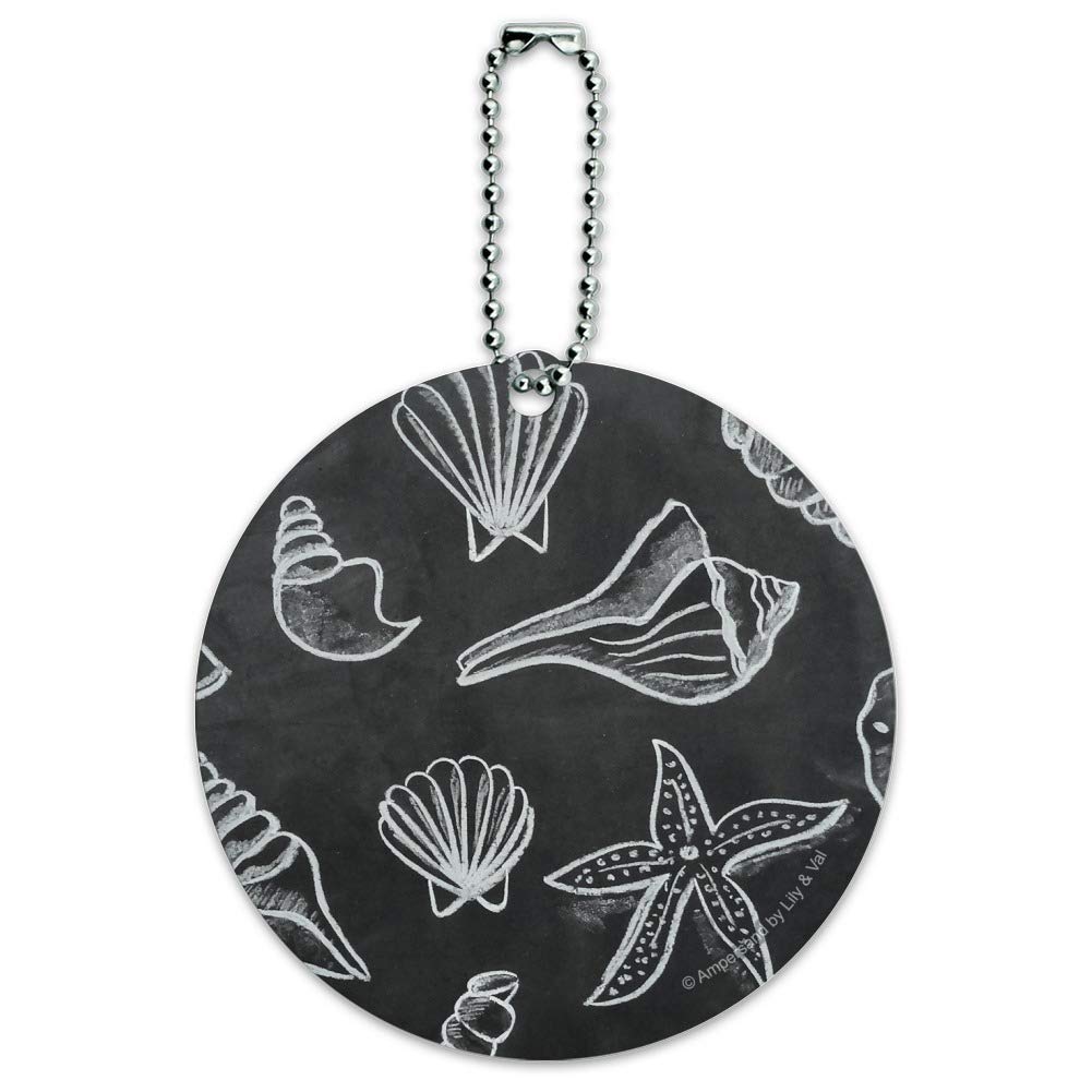 Seashells Chalkboard Style Round Luggage ID Tag - Waterproof Suitcase Name Tag for Travel Bags & Carry-Ons - Perfect for Vacation, Business Trips & Airport Identification