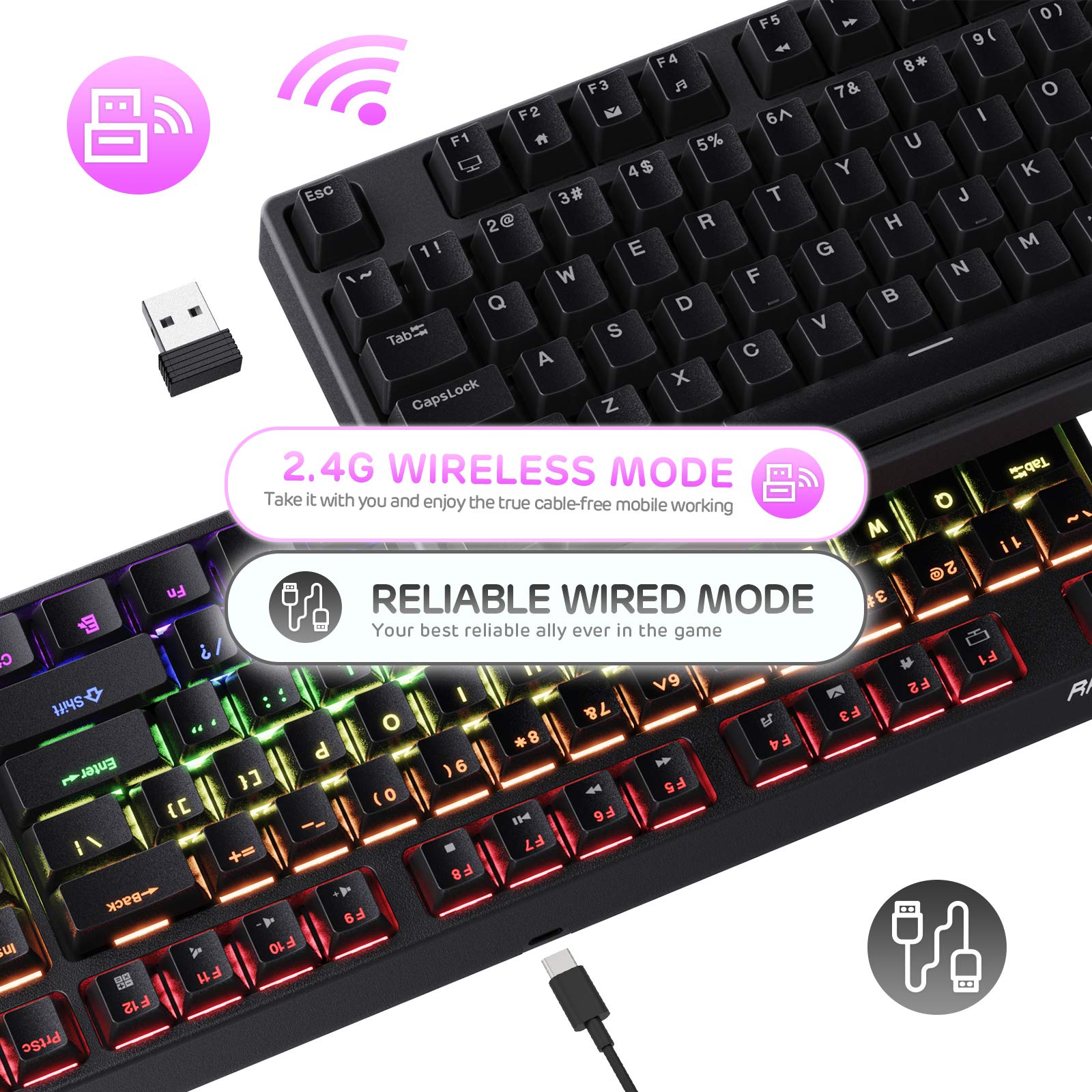 RK ROYAL KLUDGE RK87 Wireless Mechanical Gaming Keyboard - 87 Keys, RGB, Brown Switches for PC Gaming & Office Work
