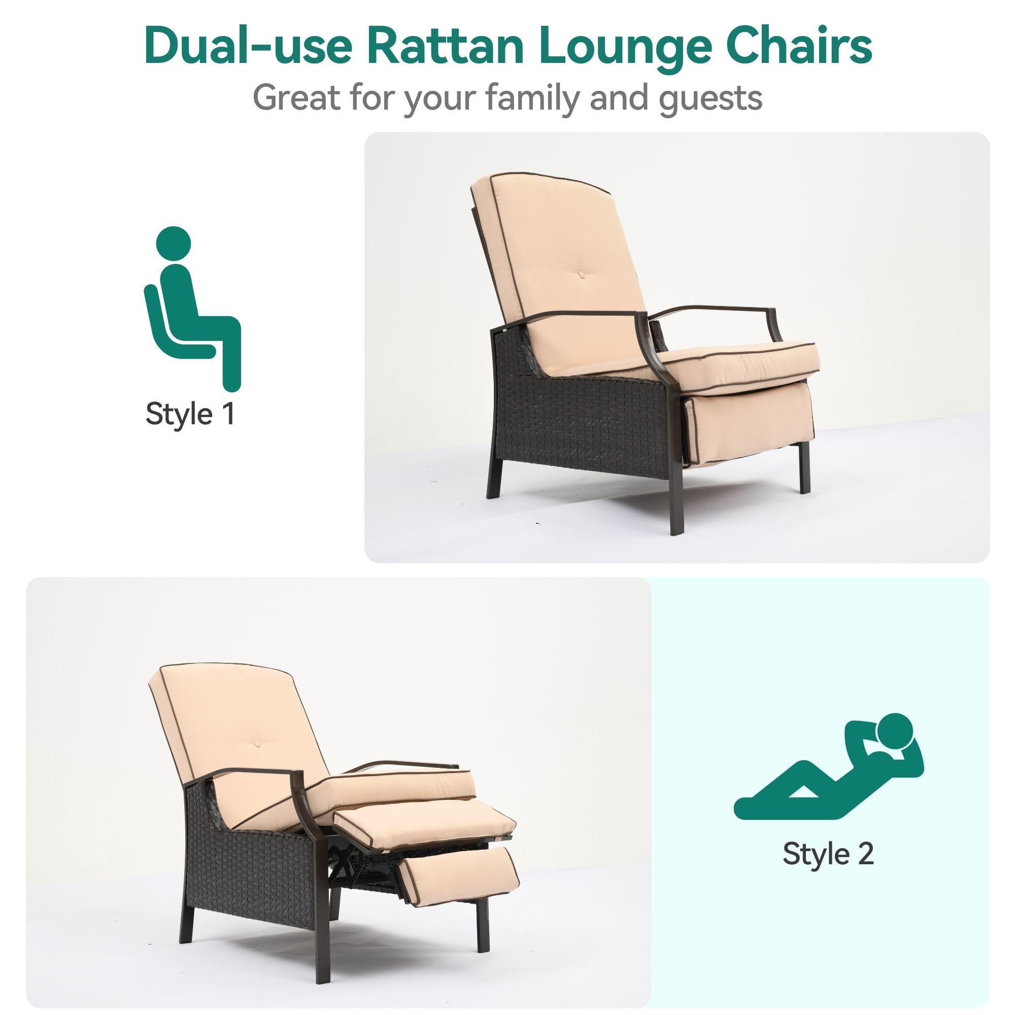 YITAHOME 2-Piece Outdoor Recliner Chair Set - Adjustable Wicker Patio Lounge Chairs with Thick Cushions & Footrest - Brown & Beige Rattan Furniture for Backyard, Poolside, and Garden Relaxation