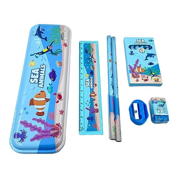 JMK CRAFTS Kids Cartoon-Themed Stationery Set - Kawaii Pencil Box, Crayons, Erasers, Sharpeners, School Supplies for Boys & Girls | Perfect for Classroom, Birthday Gifts & Back to School (Sea Animals, 1-Pack)