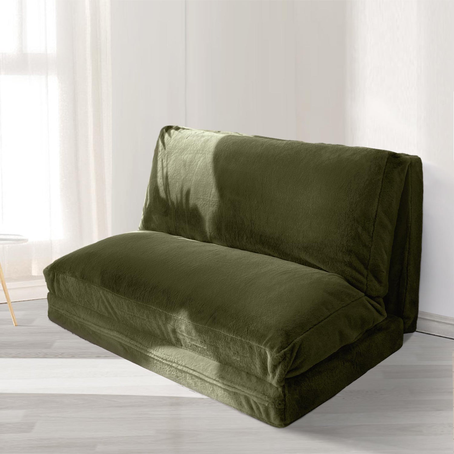 MAXYOYO Extra Thick Folding Bean Bag Sofa Bed - Convertible Floor Mattress with Washable Faux Fur Cover (Green) for Living Room, Dorm, Bedroom & Guest Room