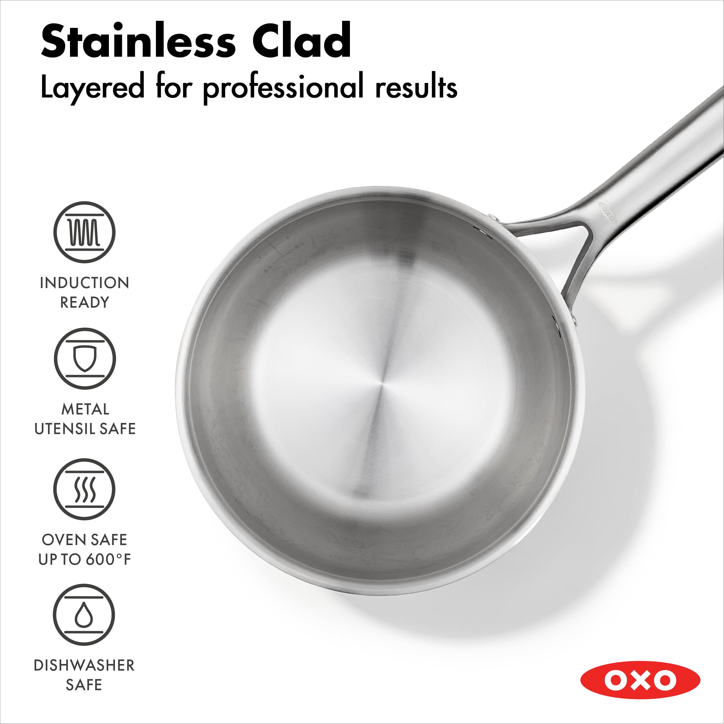 OXO Mira Tri-Ply Stainless Steel 3.57QT Covered Chef's Pan with Lid - PFAS-Free, Multi-Clad, Induction Compatible, Dishwasher & Oven Safe (Silver) - Perfect for Sautéing, Braising & Everyday Cooking