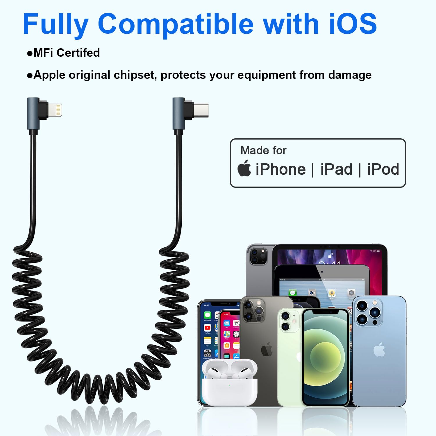 90 Degree MFi Certified USB-C to Lightning Cable - 20W PD Fast Charging, Retractable Coiled Design for iPhone, iPad, iPod - Perfect for Car Play, Data Sync & Home/Office Charging