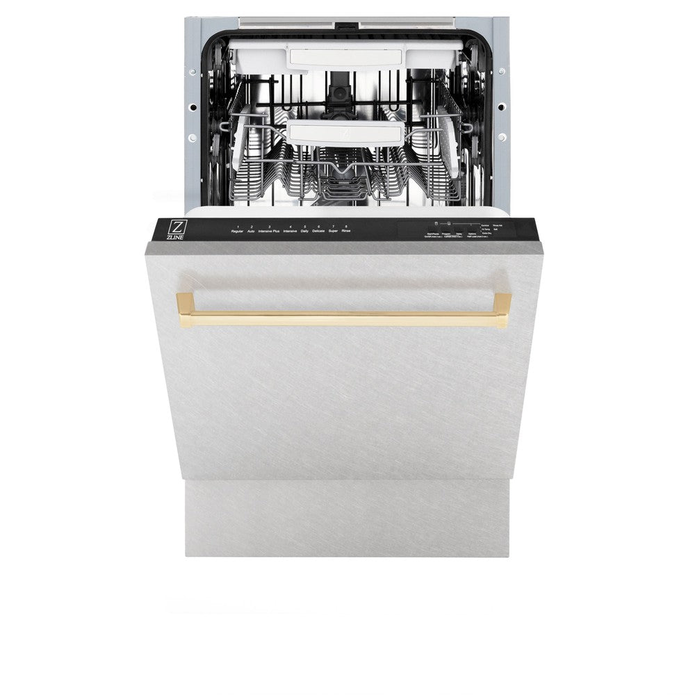 ZLINE Autograph Edition 18-inch Built-In Dishwasher with 3rd Rack - Satin Stainless Steel Panel & Polished Gold Handle - 51dBa Quiet Operation - Perfect for Modern Kitchens and Open-Concept Homes (DWVZ SN 18 G)