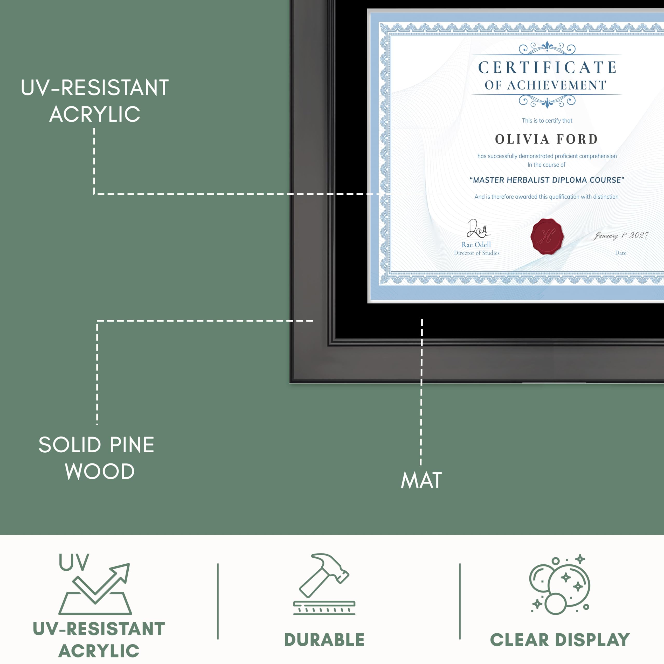 CountryArtHouse 15x18 Inch Black Solid Wood Diploma Frame - Double Mat (Black on White) - Fits 11x14 Diplomas with Mat or 15x18 Without Mat - Shatterproof Acrylic Front & Durable Foam Backing - Perfect for Graduation, Office Decor & Certificate Display