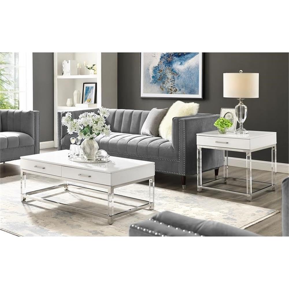 White & Chrome Metal Coffee Table with Acrylic Legs - Living Room Decor