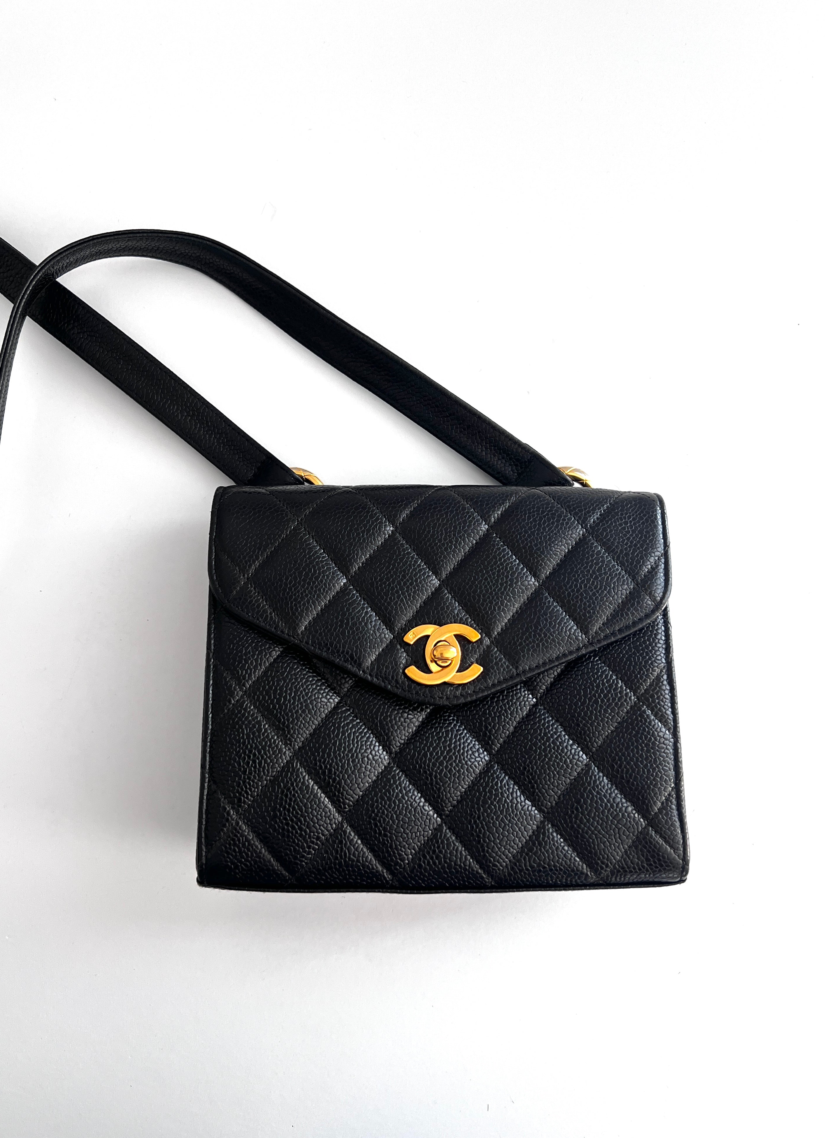 Vintage Chanel 24K Gold Black Caviar Mini Square Flap Crossbody Bag - Authentic Pre-Owned Luxury Handbag for Women, Perfect for Date Nights & Special Occasions