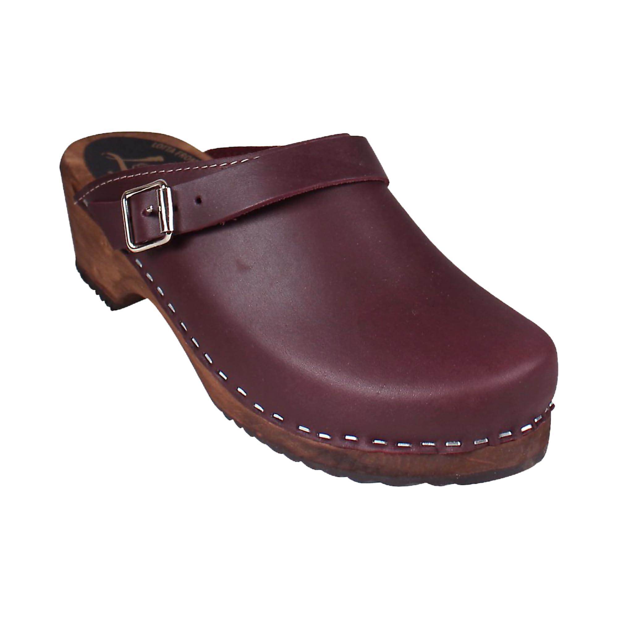 Swedish Classic Clog with Strap for Women - Slip-On Comfortable Wooden Shoes with Genuine Leather | Brown Wood Base & Aubergine Buckle | Made in Sweden | Perfect for Casual Wear, Gardening & Outdoor Activities