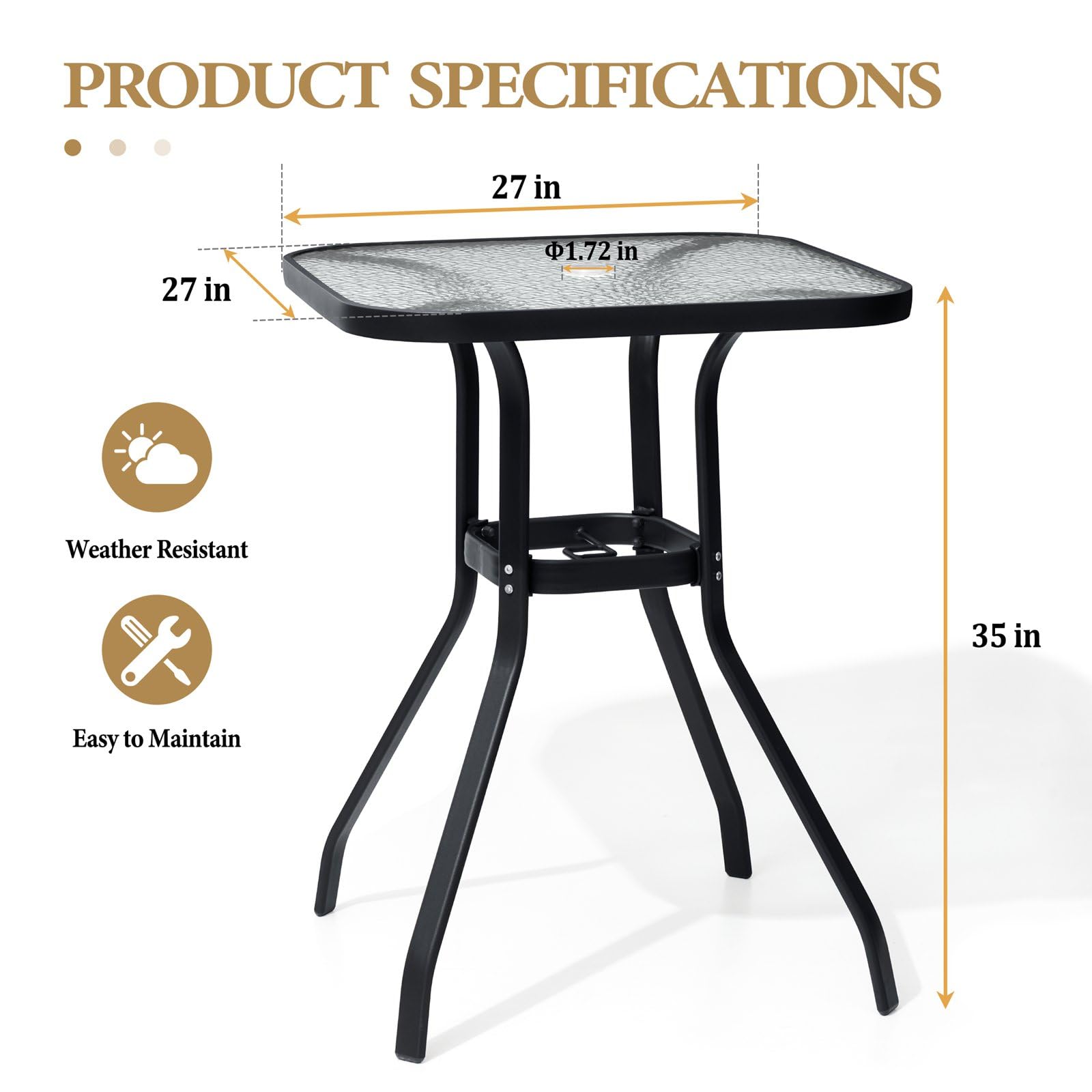 **Outdoor Bar Table with Umbrella Hole - Aluminum Frame & Tempered Glass Top Patio Dining Bistro Table - Durable Banquet Furniture for Garden, Pool, Deck, Lawn (Black) - Perfect for Outdoor Entertaining & Relaxation**