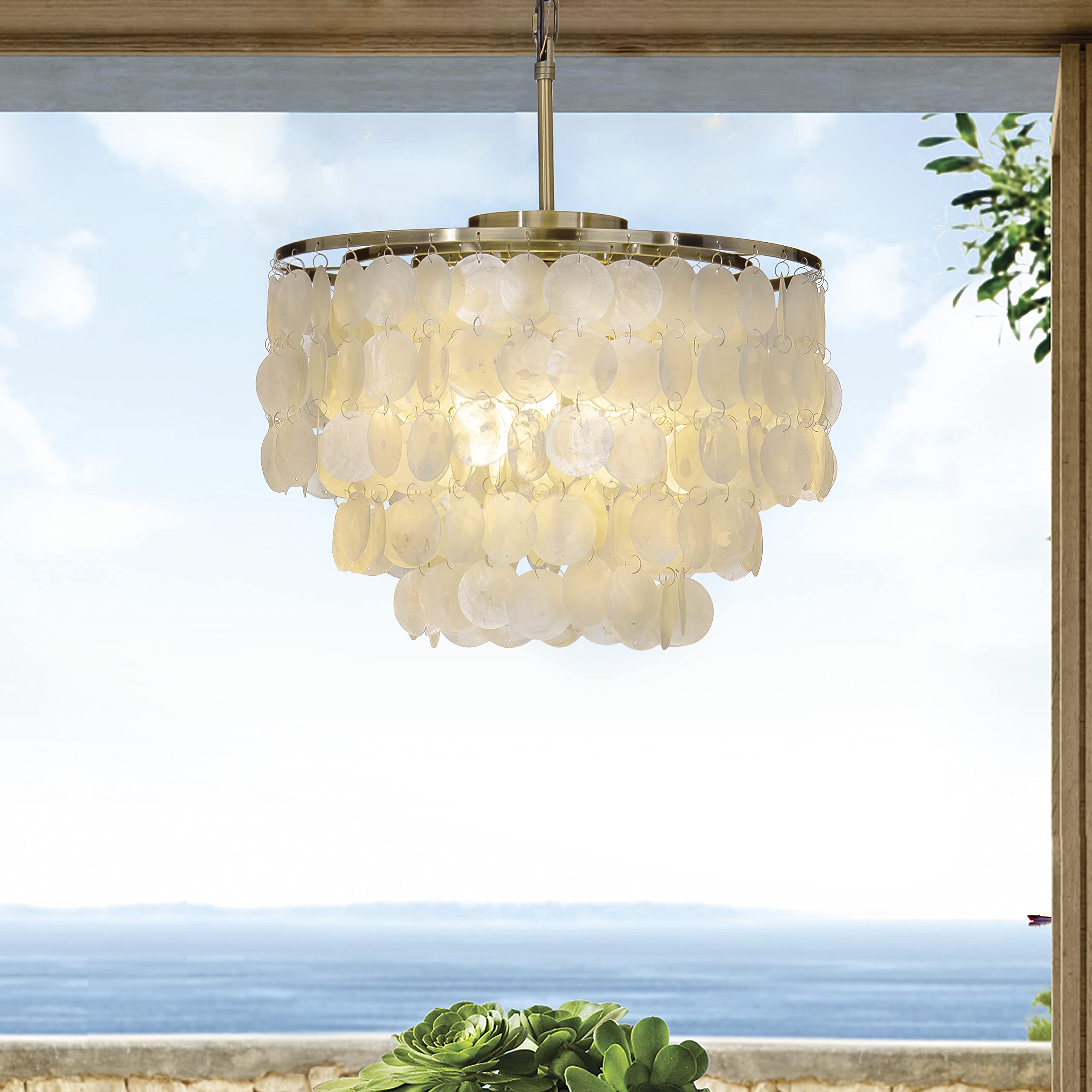 Antique Gold Coastal Capiz Seashell Chandelier - 18