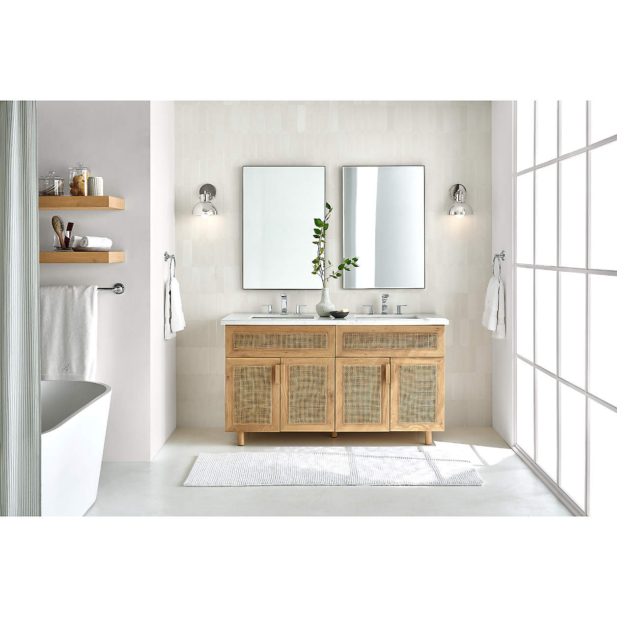 Eli 60 Inch White Marble Double Sink Bathroom Vanity with Cane Front and Natural Oak Wood Doors - Modern Farmhouse Style for Master Bath or Guest Bathroom