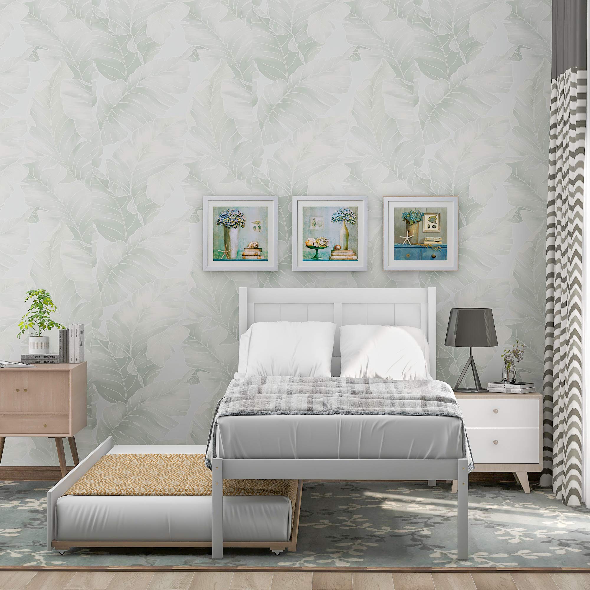 Twin Size Wooden Platform Bed Frame with Headboard & Trundle - No Box Spring Required, Easy Assembly (White) - Perfect for Kids Rooms, Guest Beds & Small Space Living