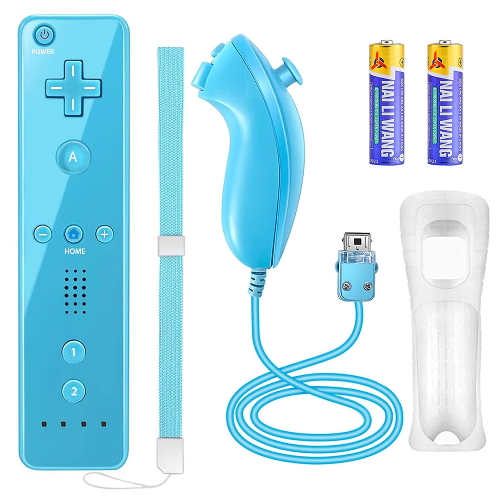 Nintendo Wii Remote Controller with Nunchuck - Compatible with Wii & Wii U - Includes Silicone Case, Wrist Strap & 2 AA Batteries (Blue) - Perfect for Gaming, Family Fun & Motion Control Games