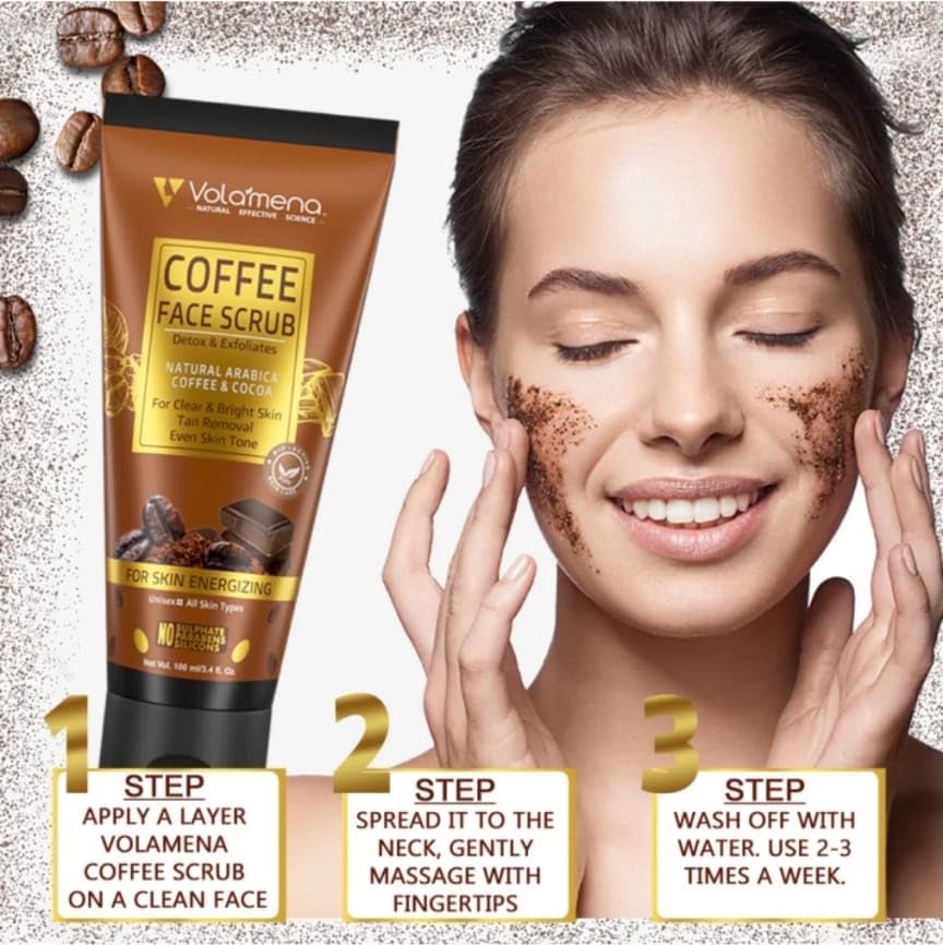 Volamena Exfoliating Coffee Face Scrub with Cocoa & Arabica Beans - 100ml Natural Skincare for Clear, Bright Skin | Gentle Cleansing & Dead Skin Removal for Daily Facial Care Routine