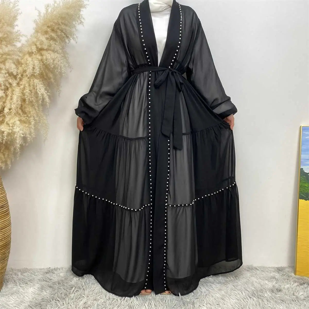 Elegant Muslim Women's Chiffon Beaded Open Abaya Dress - Modest Islamic Prayer Dress for Mosque, Eid & Special Occasions
