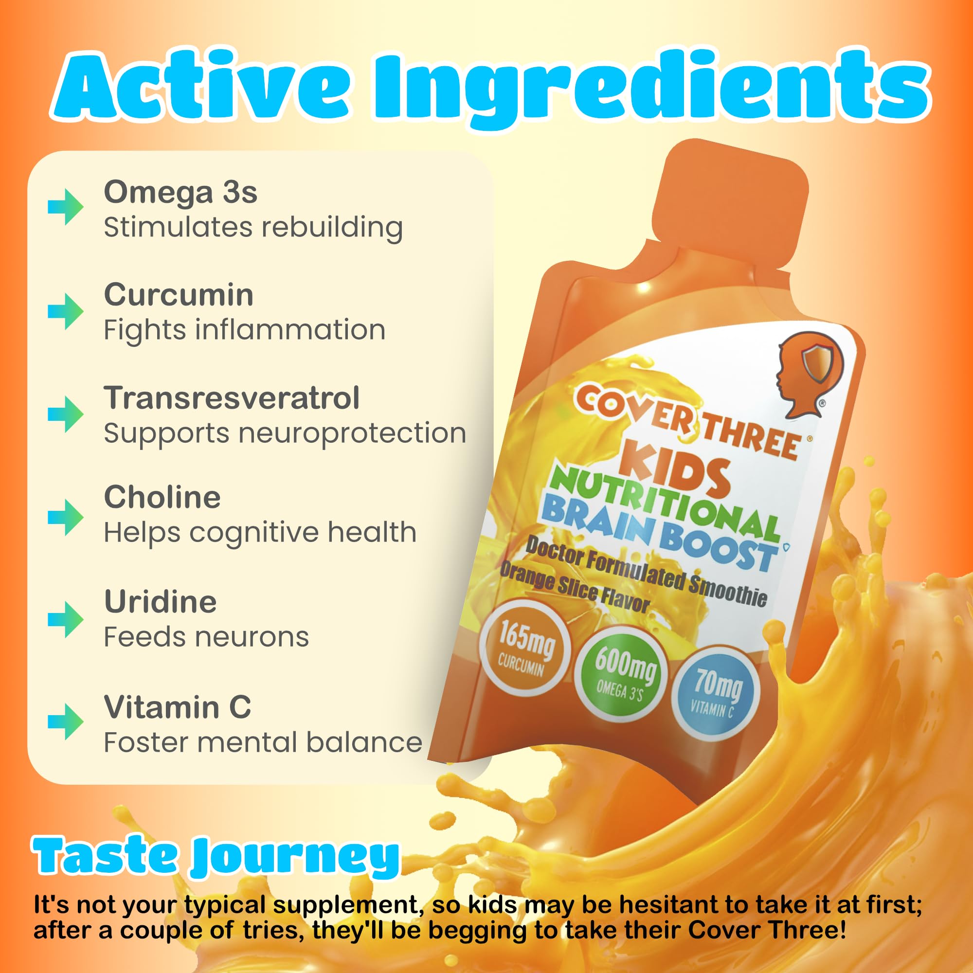 Kids Omega 3 Liquid DHA Fish Oil Supplement - Supports Brain Development, Focus & Attention, Heart & Vision Health - Emotional & Physical Wellness - 20 Orange Flavor Pouches (3 Pack) | Ideal for School, Homework & Active Children