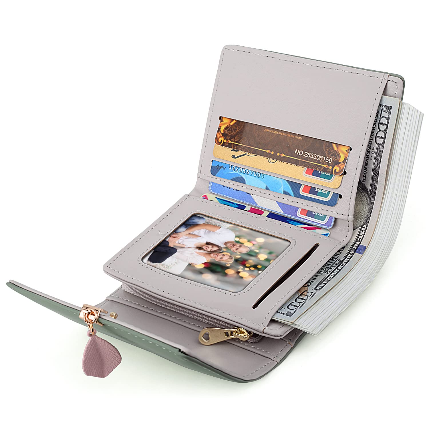 UTO RFID Blocking Wallet for Women - PU Leather Leaf Pendant Card Holder with Zipper Coin Purse | Phone & Checkbook Organizer | Perfect for Travel, Shopping & Everyday Use