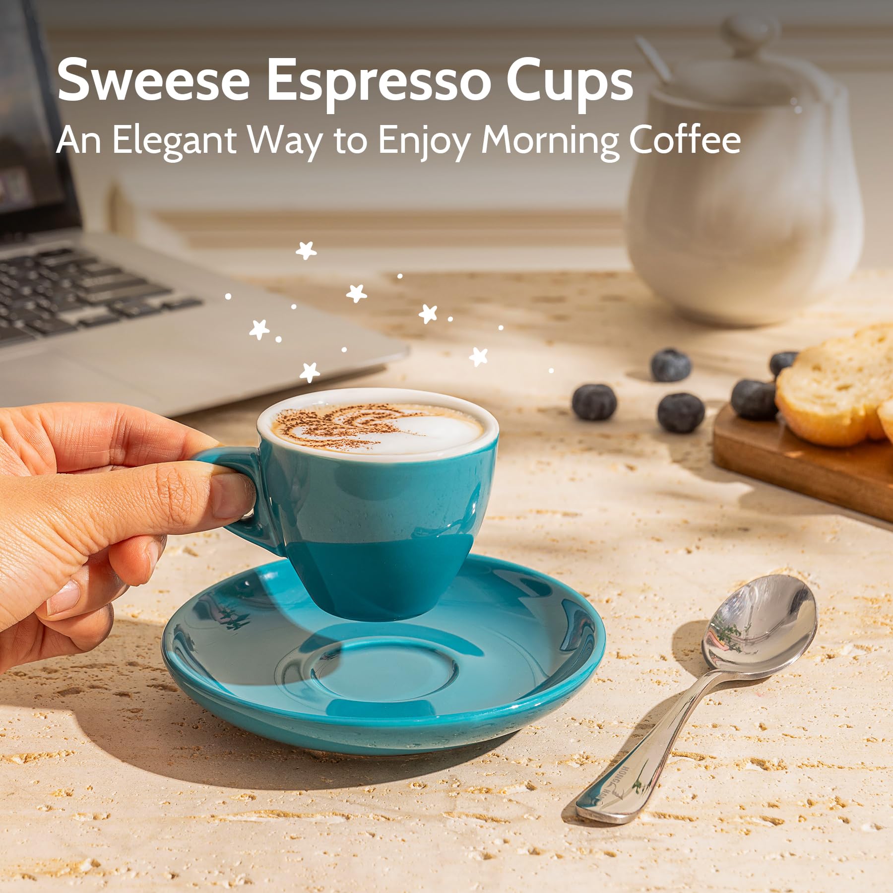 Sweese 2 Ounce Porcelain Espresso Cups with Saucers - Set of 6 Colorful Mini Coffee Cups for Espresso, Cappuccino & Latte - Perfect for Home, Cafe & Restaurant Use