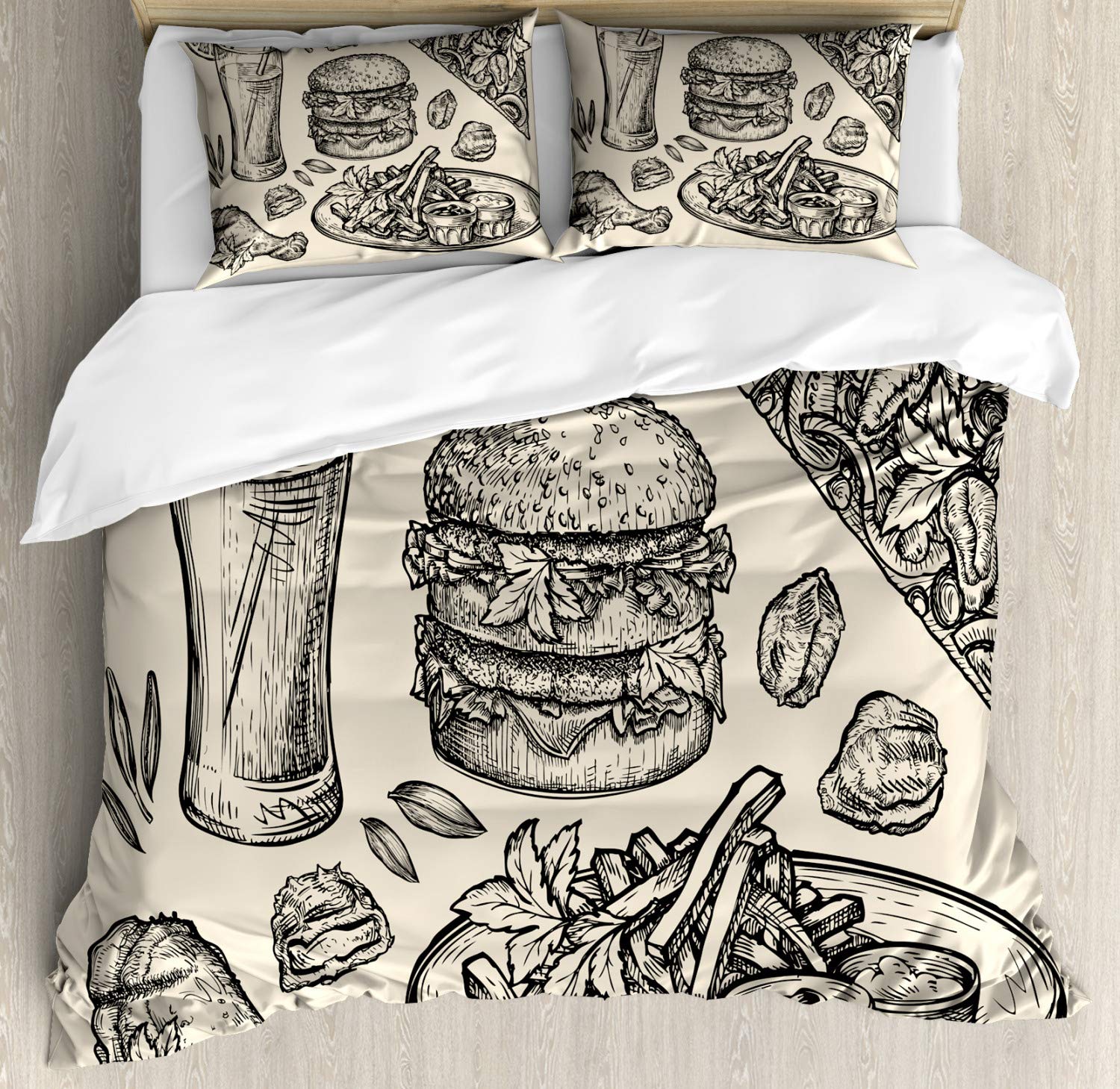Ambesonne Fast Food Duvet Cover Set - Cheeseburger, Fries, Chicken Wings & Pizza Print - 3 Piece Queen Size Bedding Set with 2 Pillow Shams - Beige & Black Sketch Art Design - Perfect for Teen Bedrooms, Dorm Decor & Food Lover Gifts