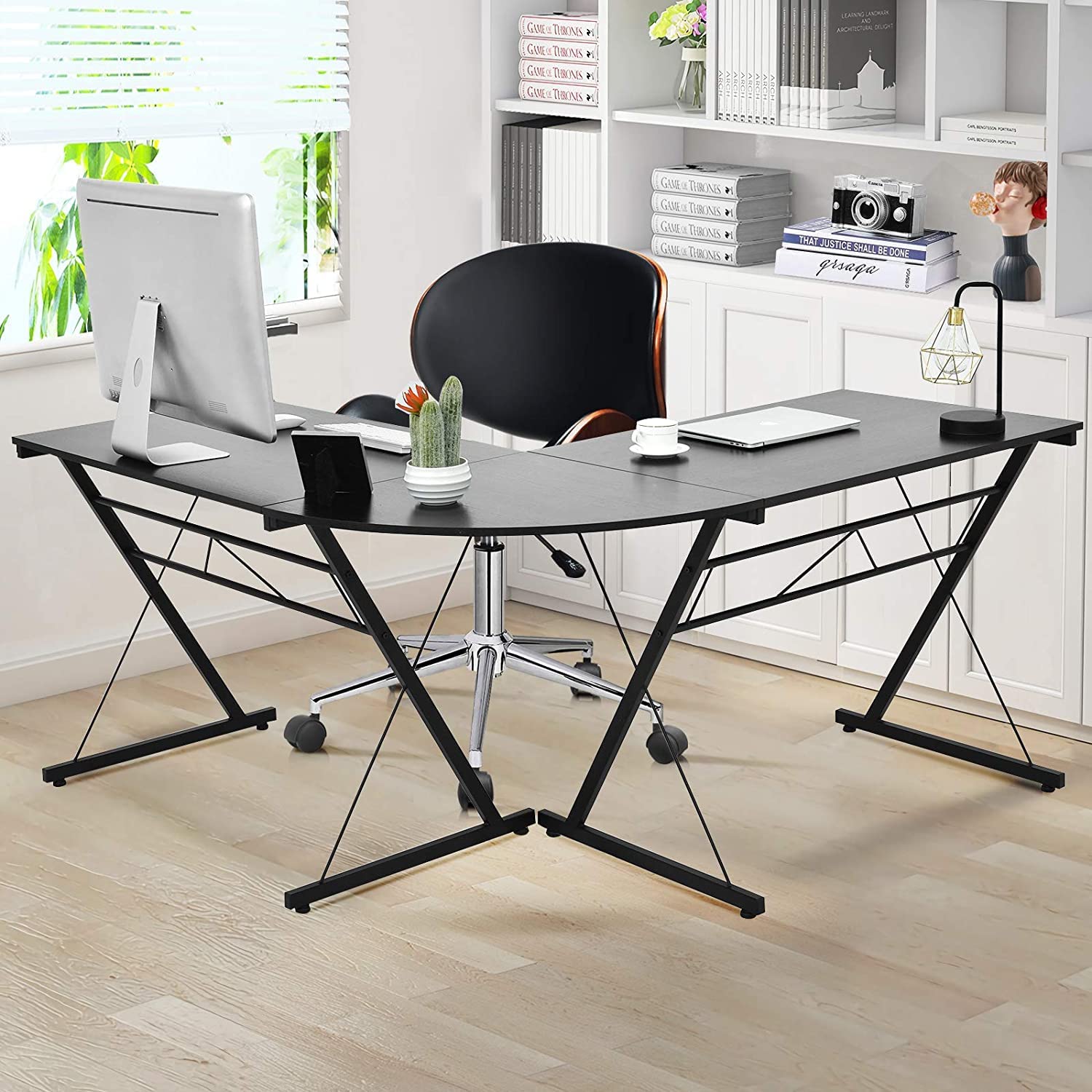 GRAFFY L-Shaped Gaming Desk with Large Monitor Stand - Ergonomic Home Office Computer Workstation, Multifunctional Corner Desk for PC & Laptop (Black) - Perfect for Small Spaces, Streaming & Remote Work