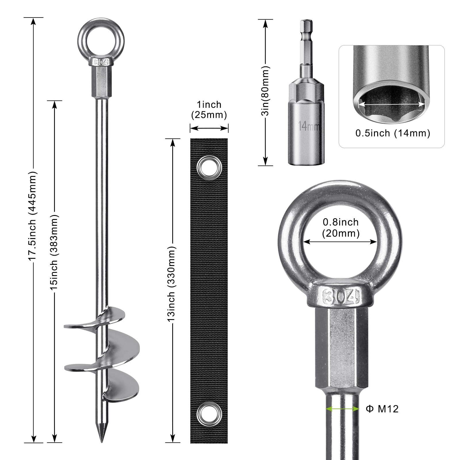 Heavy Duty 18'' Fully Welded Spiral Ground Anchors - 4 Pack Wind Resistant Earth Anchors with Straps for Swing Sets, Trampolines, Sheds, Carports | Secure Animals, Trees, Tents & Outdoor Structures in Storms & High Winds