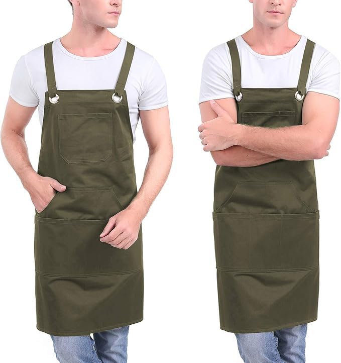 Premium 100% Cotton Chef Apron for Cooking, BBQ & Grilling - 6 Deep Pockets & Zippered Pocket (Sizes M-XXL) - Ideal for Professional Chefs, Home Cooks & Outdoor Grilling