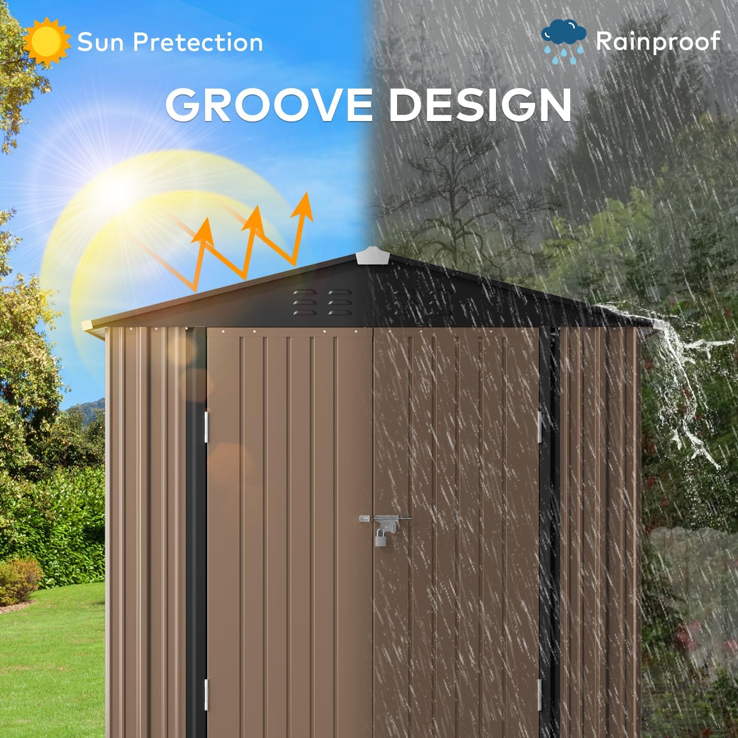 Gizoon 6x4 FT Galvanized Metal Outdoor Storage Shed - Double Lockable Doors, Weather-Resistant Garden Shed for Backyard, Patio & Lawn (Light Brown) - Perfect for Storing Tools, Equipment & Seasonal Items