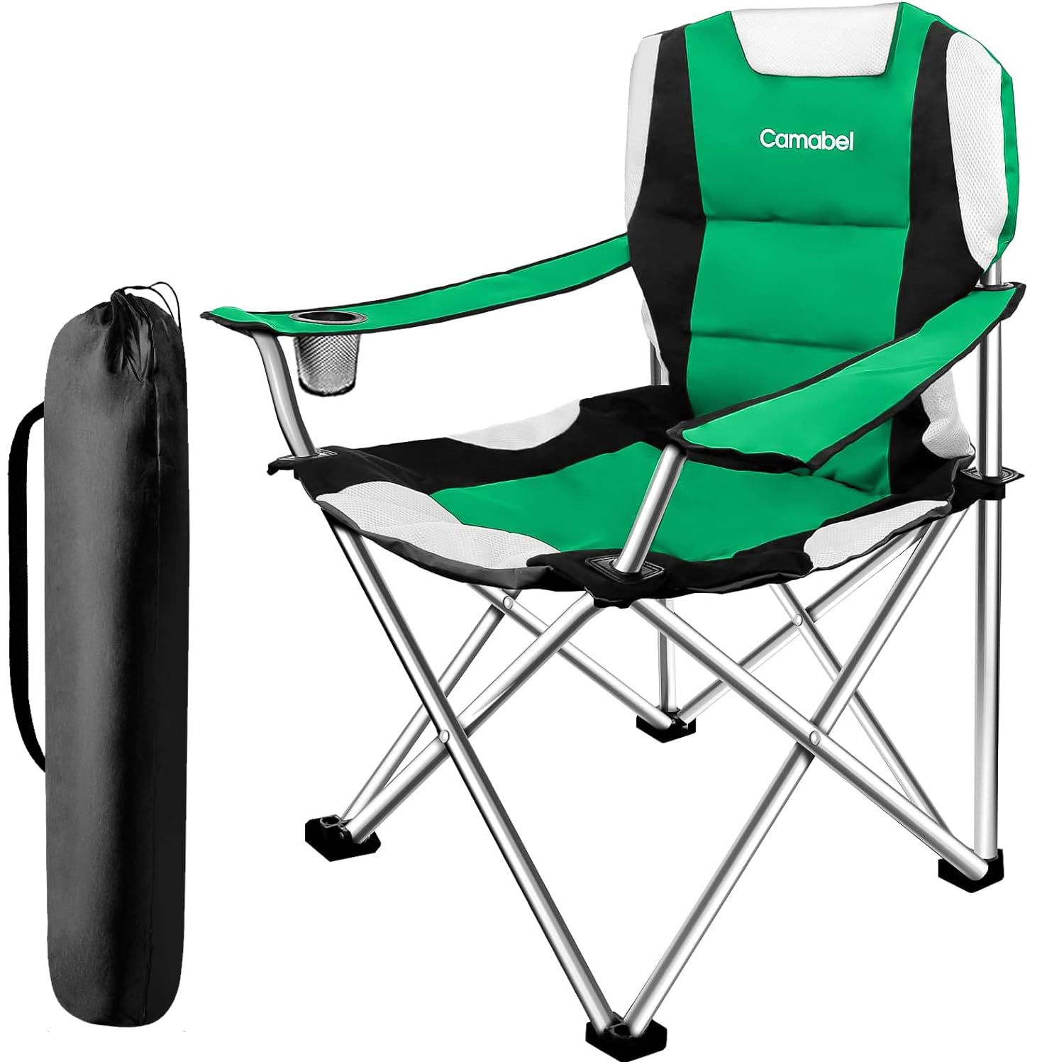 Camabel Heavy Duty Folding Camping Chair - 400lbs Capacity, Extra Large Padded Outdoor Lawn Chair for Beach, Hiking, Fishing, BBQ & Sports Events - Lightweight Portable with Storage Bag & Cup Holder (Green) - Perfect for Backyard, Picnics, Tailgating & Camping