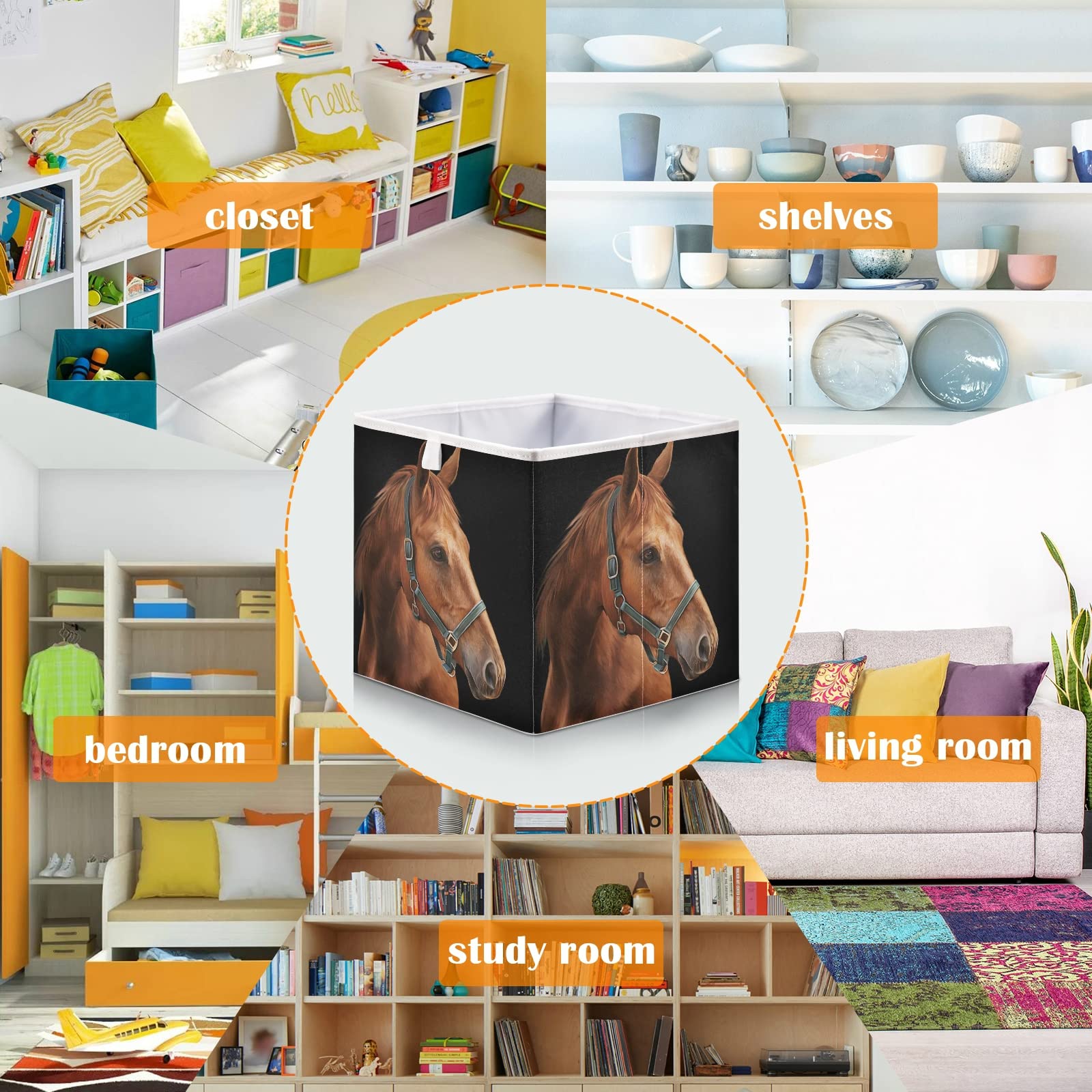 Red Horse Portrait Black Background Rectangular Collapsible Storage Basket - Foldable Nursery Organizer for Toys, Clothes & Home Organization | Easy Assembly for Bedroom, Playroom & Laundry Room