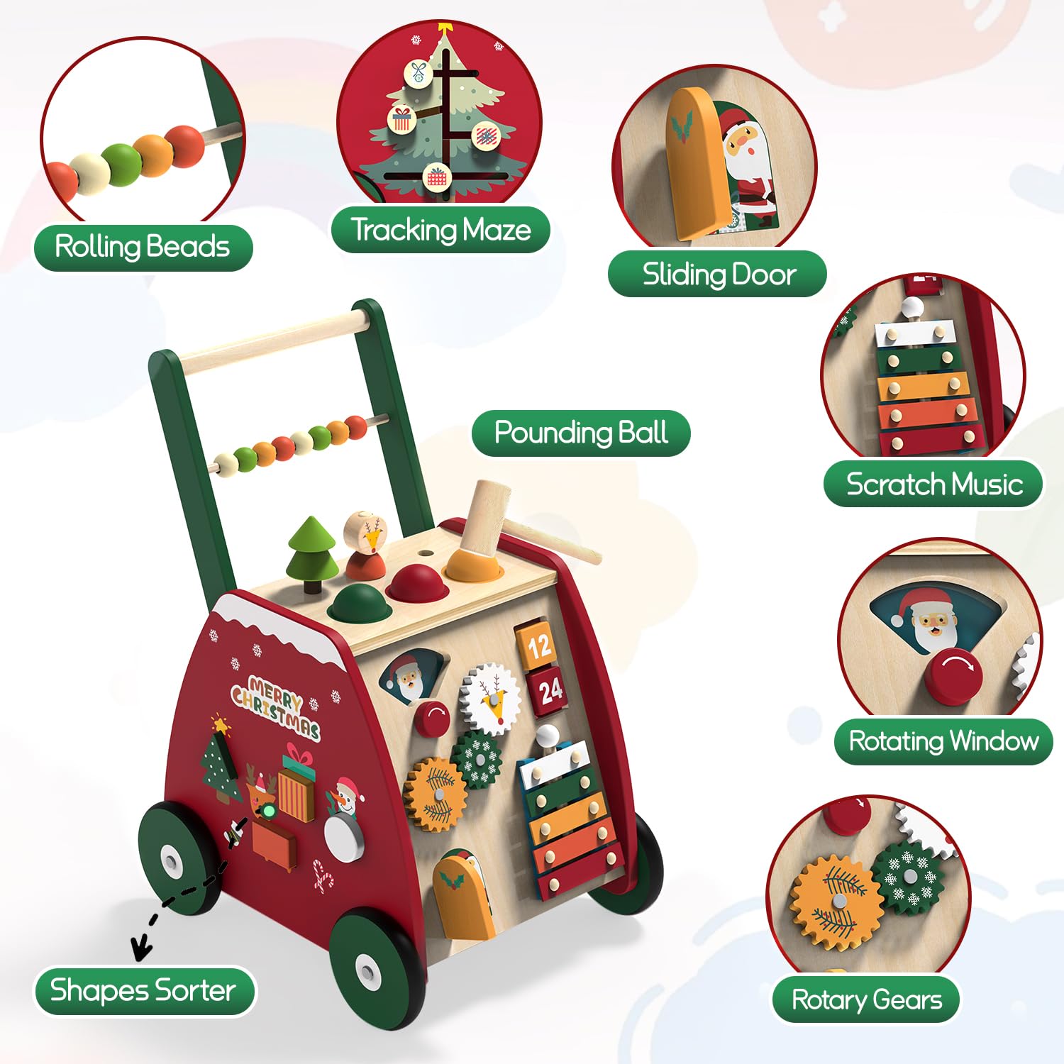 Wooden Baby Walker with Wheels - Montessori Push Walker Toy with Activity Center for Toddlers Learning to Walk (1-3 Years Old) - Perfect First Birthday Gift for Boys & Girls - Encourages Early Walking & Developmental Play in Nursery, Playroom or Daycare