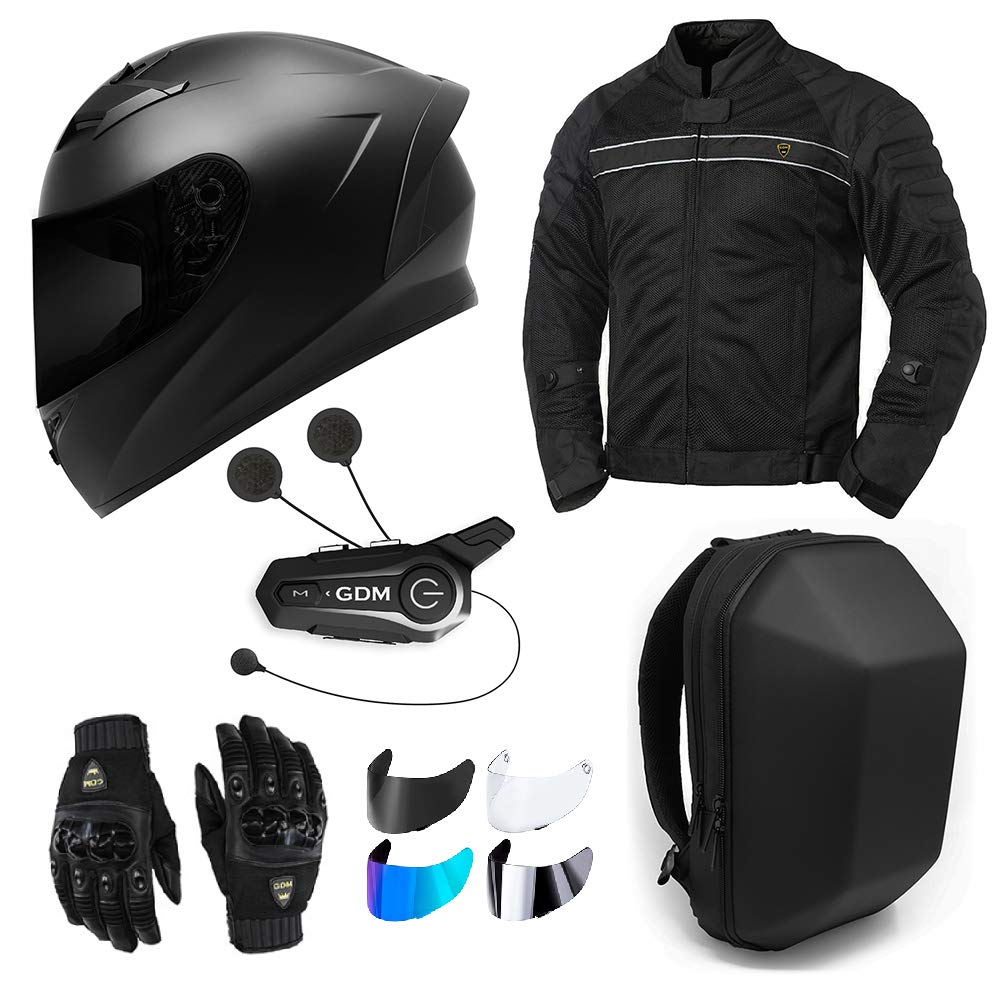 GDM Premium Motorcycle Protective Gear Bundle - Helmet, Jacket, Gloves, Shields, Backpack & Bluetooth Intercom for Safe Riding | Adventure & Commuter Use