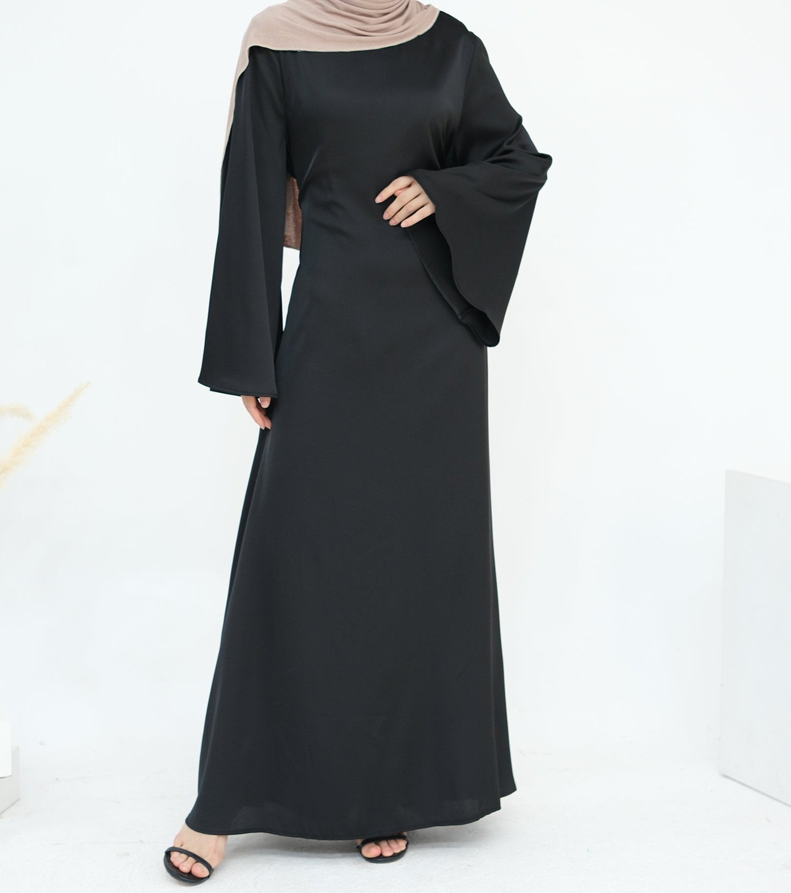 Elegant Calista Trumpet Sleeves Satin Dress in Black - Perfect for Evening Parties, Weddings & Special Occasions
