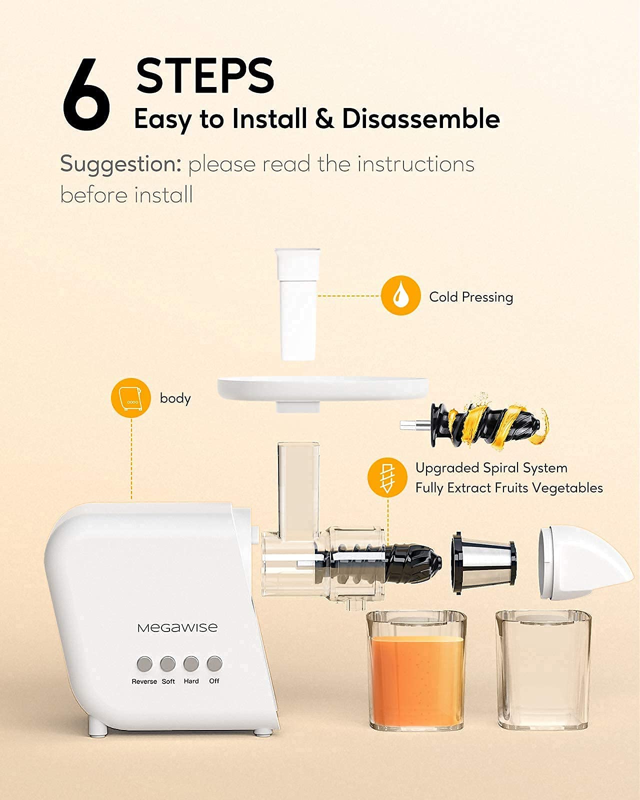 MegaWise Pro 2025 Slow Masticating Juicer - High 95% Juice Yield, 2-Speed & 9-Segment Spiral Cold Press Technology for Vegetables, Fruits, Nuts - Enhanced Nutrition & Better Taste - Perfect for Healthy Smoothies, Detox Drinks & Homemade Baby Food