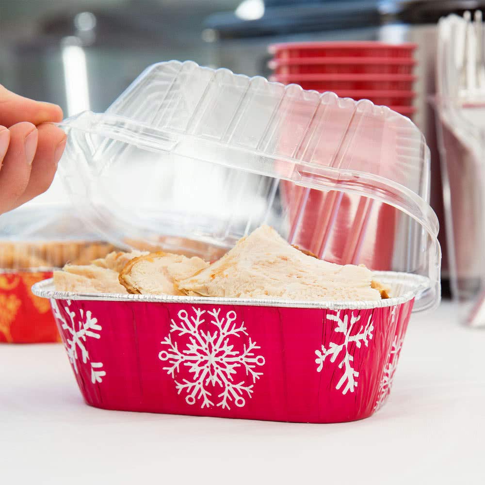 KitchenDance 1 Lb Disposable Aluminum Mini Loaf Pans with Clear Snap-on Lids - 15 oz Baking Pans for Holiday Cooking, Party Desserts & Meal Prep (Red & Silver, 50 Count)