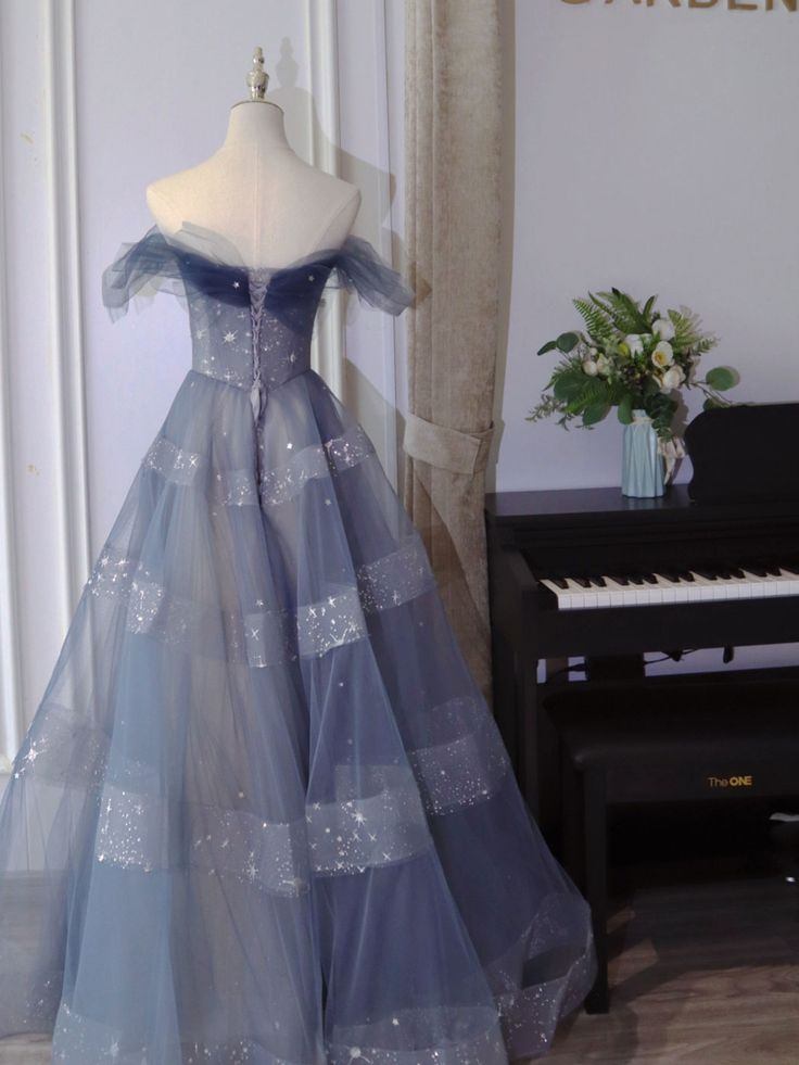 Elegant Off-The-Shoulder Blue Tulle A-Line Long Prom Dress J2563 | Formal Evening Gown for Homecoming, Quinceañera & Special Occasions