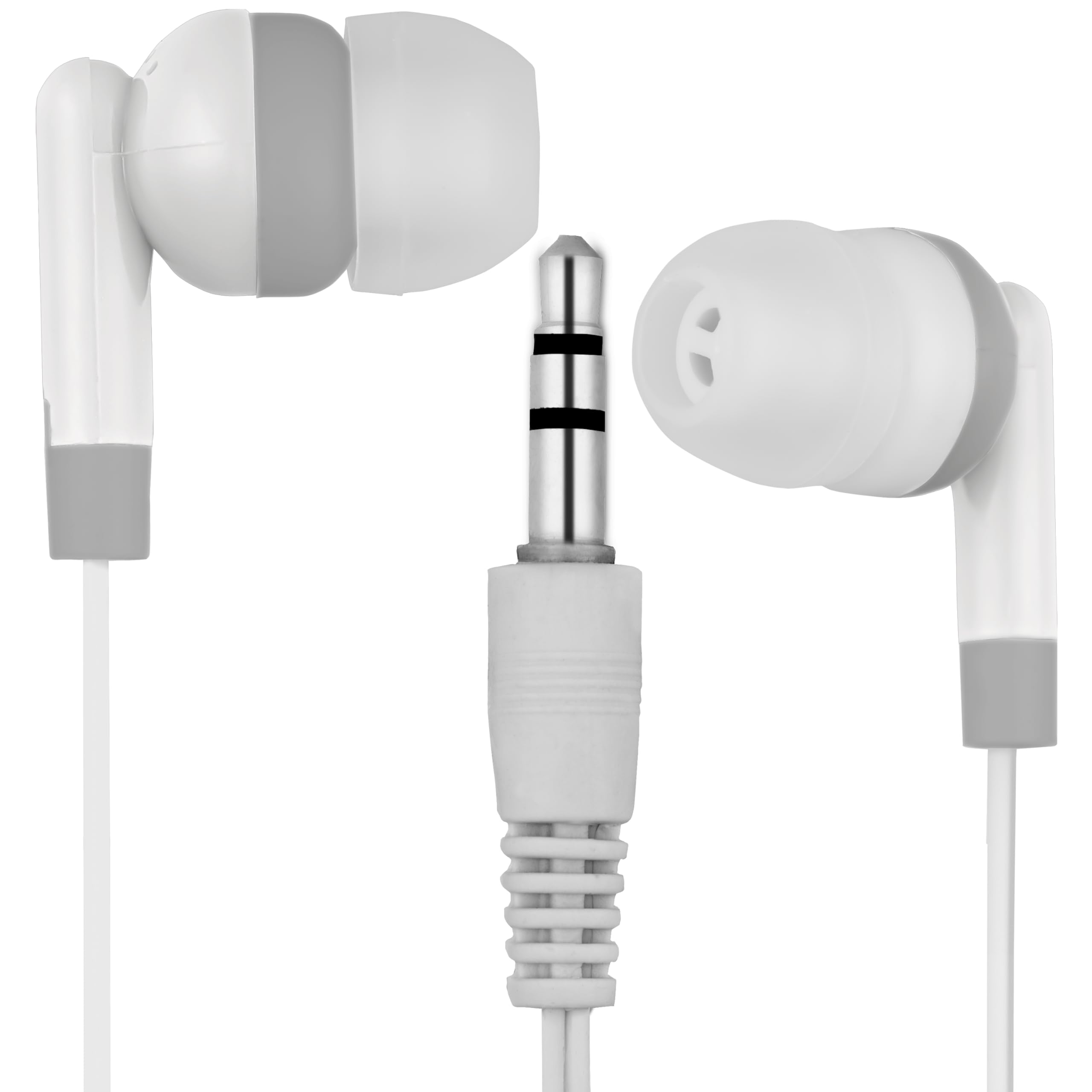 100 Pack Bulk Wholesale White & Gray Wired Earbuds Headphones - Individually Wrapped CB-WHT-100-WRAP - Perfect for Schools, Gyms, Airlines & Retail Stores