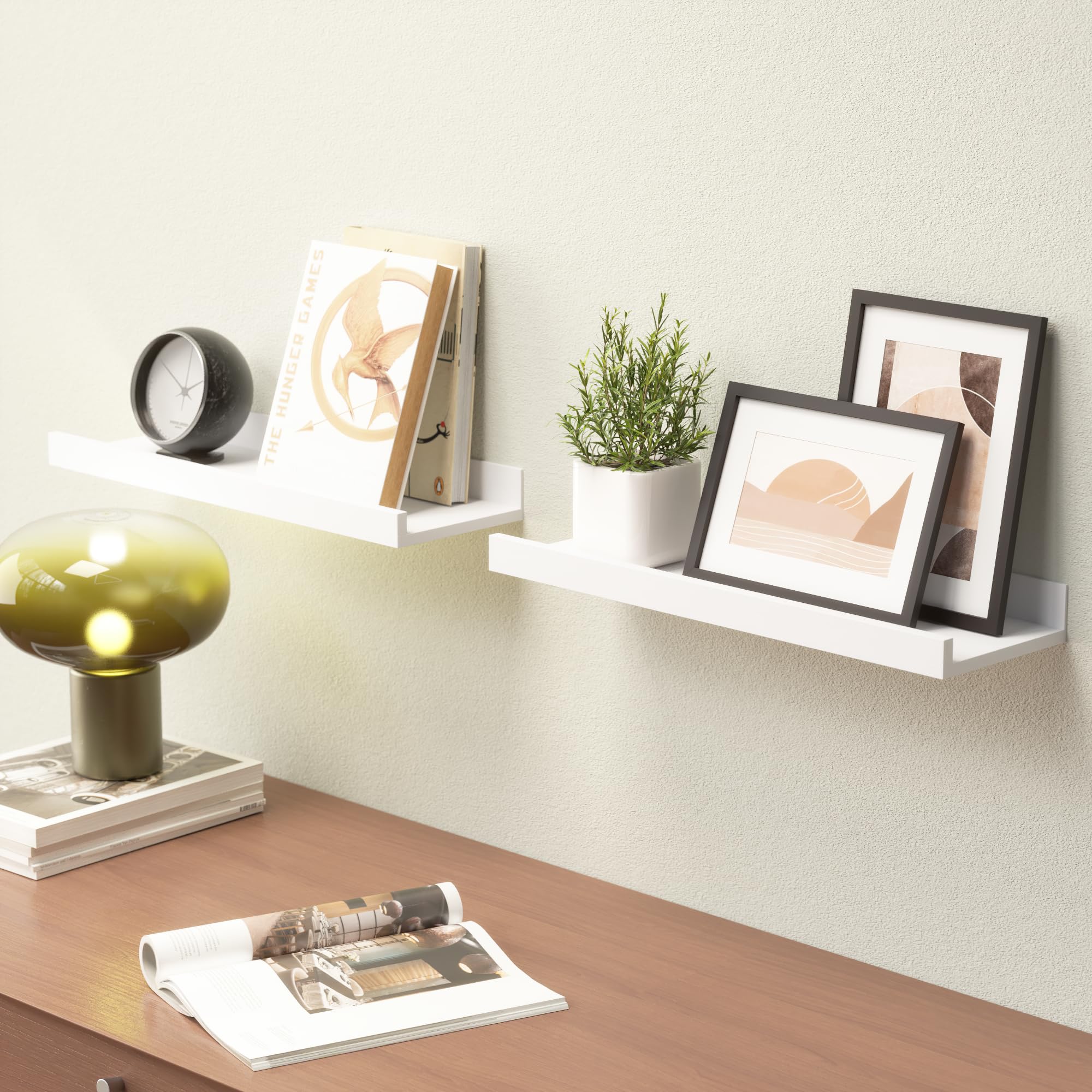 Modern White Floating Shelves Set of 2 - Wall Mounted Display Shelves with Lip for Bedroom, Nursery, Living Room, Bathroom & Kitchen - Perfect for Wall Decor, Picture Frames, Plants & Home Organization