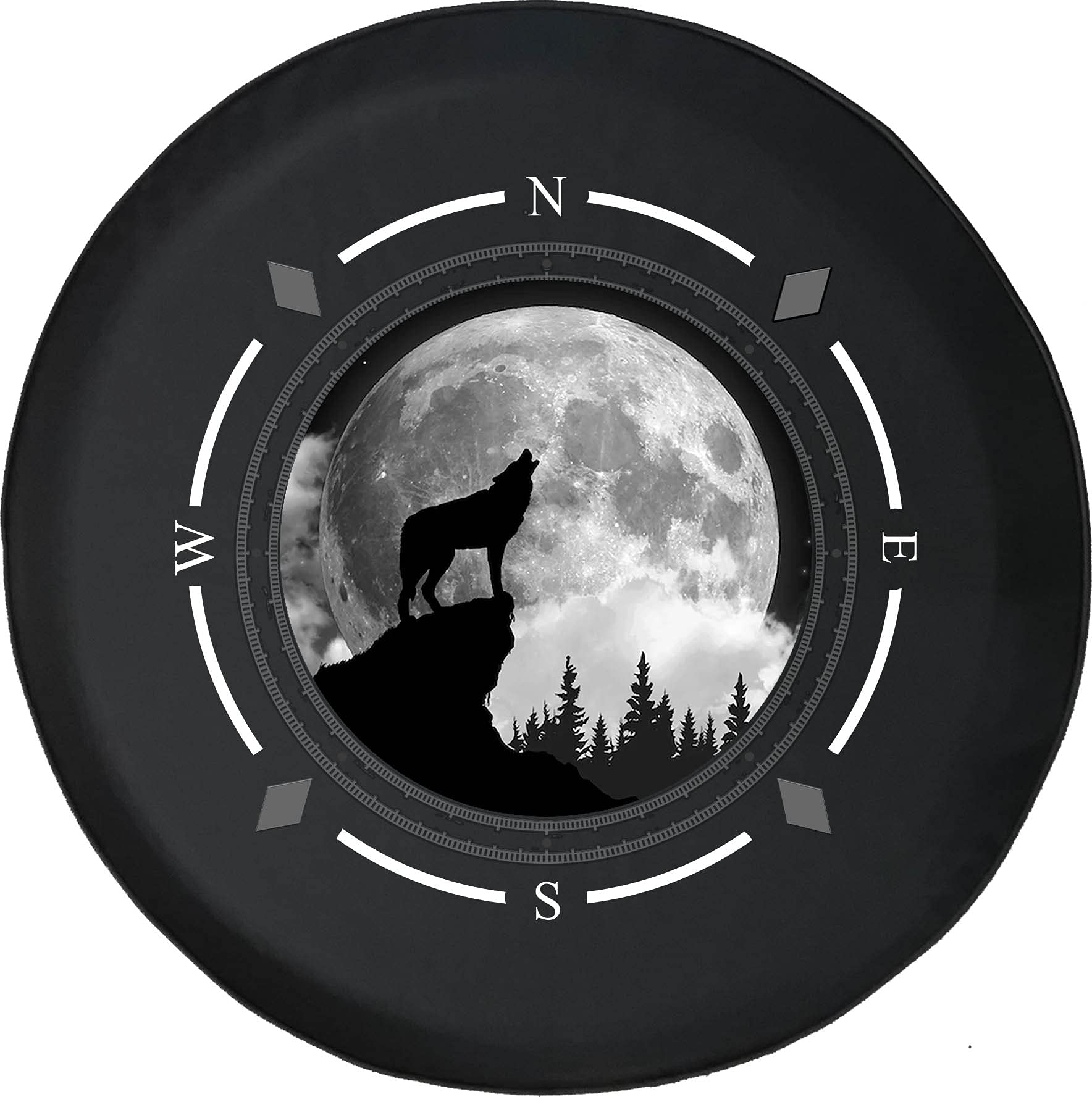 American Unlimited Spare Tire Cover with Compass & Full Moon Howling Wolf Design - Universal Fit for SUV, Trailer, RV & Most Vehicles | Durable Wheel Protection for Off-Road Adventures & Camping Trips