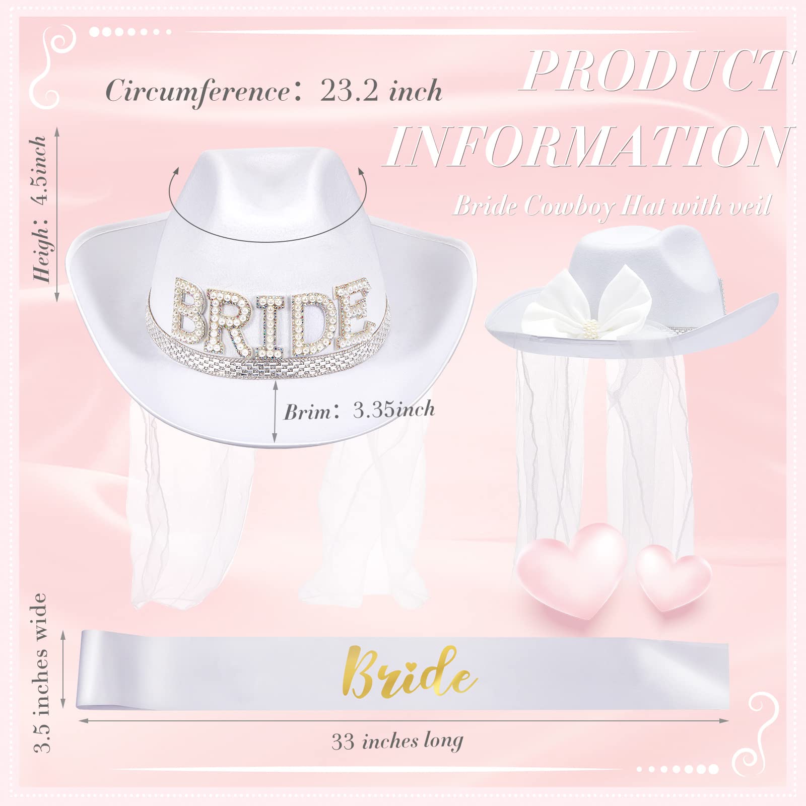 SATINIOR White Cowgirl Hat with Veil - Bridal Cowboy Hat with Bride Sash for Bachelorette Party, Country Wedding, Bridal Shower & Engagement - Perfect for Western Themed Weddings, Photo Shoots & Country Style Celebrations