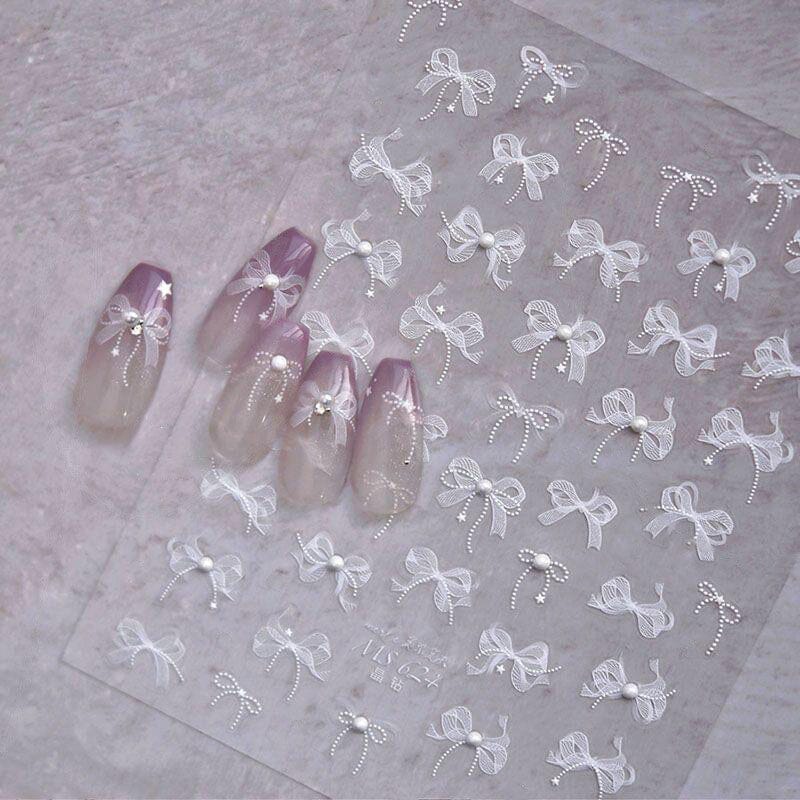 3D White Lace Bowknot Nail Stickers with Rhinestones - T355 #01 for Manicure, Nail Art, and Special Occasions