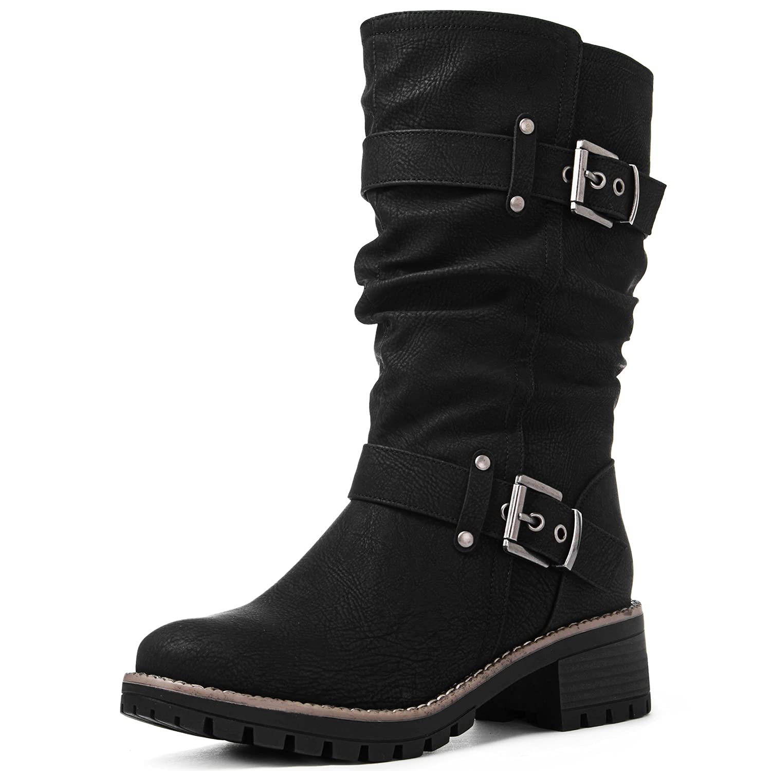 GLOBALWIN Women's Mid Calf Motorcycle Boots - Stylish Biker Riding Boots for Women, Comfortable & Durable for Daily Wear, Commuting & Motorcycle Adventures