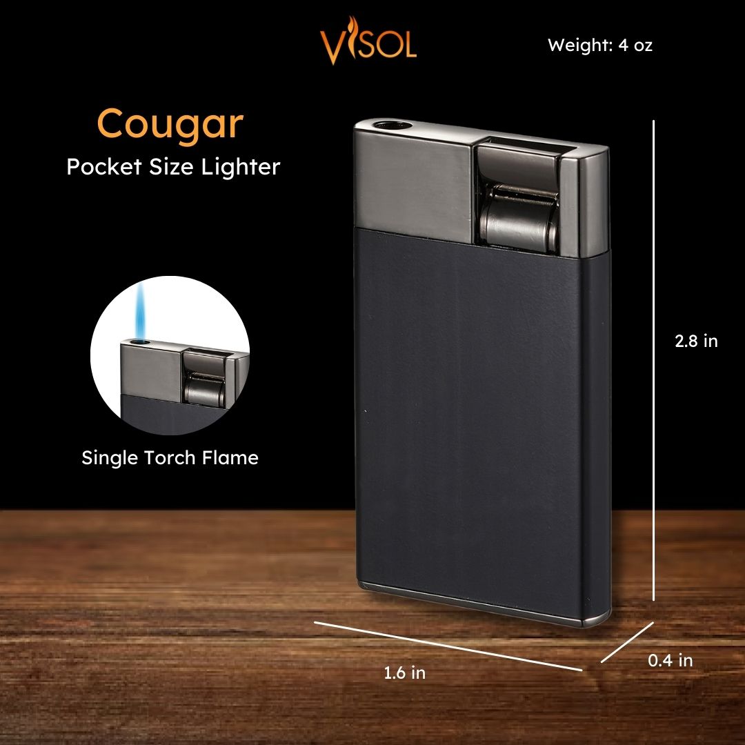 Premium Visol Cougar Single Jet Flame Cigar Lighter - Windproof Butane Torch for Cigars, Cigarettes & Pipe Smoking - Perfect for Outdoor Use, Travel & Gifts (Black)