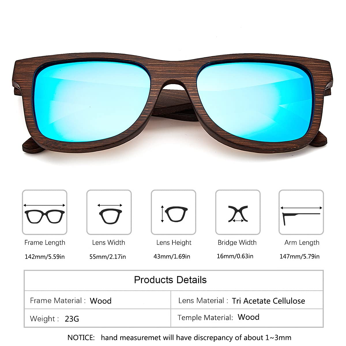 Polarized Wooden Sunglasses for Men & Women - 100% UV400 Protection, Handmade Bamboo Frame - Perfect for Outdoor Activities, Beach & Driving