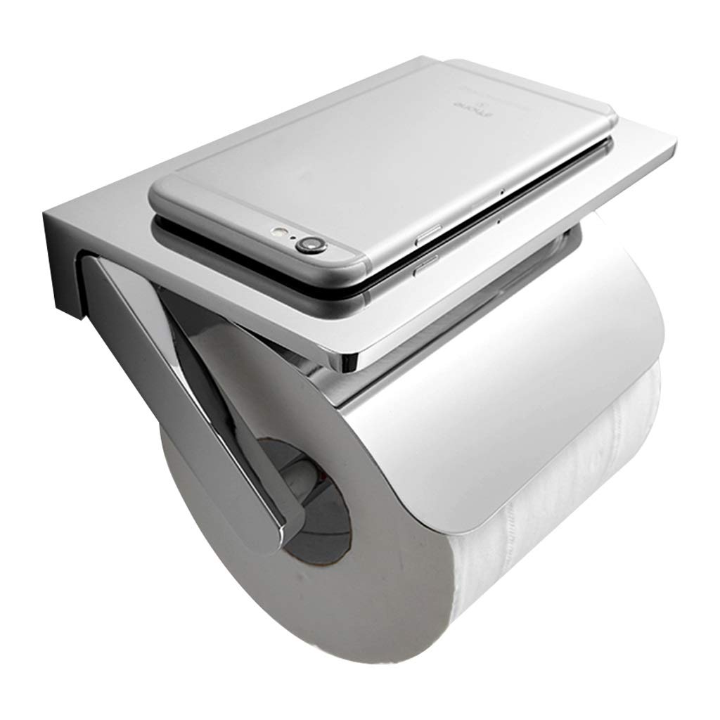 Wall-Mounted Toilet Paper Holder with Shelf - Space Saving Bathroom Organizer for Paper Towels & Phone (16×10×5cm, Silver) - Perfect for Bathroom, Bedroom, Hotel & Small Spaces