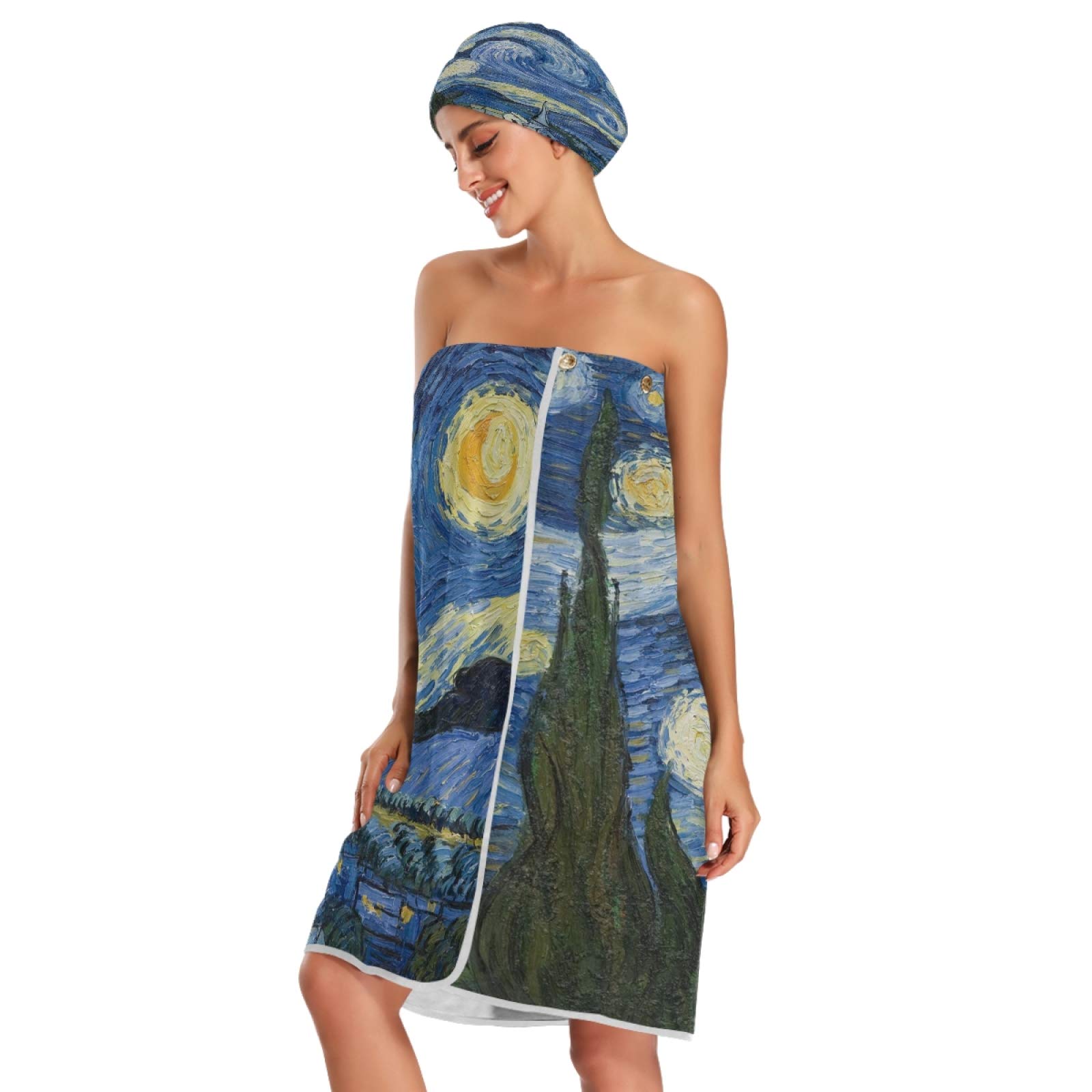 ATTX Women's Spa Towel Wrap Set of 3 - Van Gogh The Starry Night Art Bathrobe, Shower & Bath Body Wrap with Adjustable Closure - Perfect for Spa, Beach & Home Relaxation