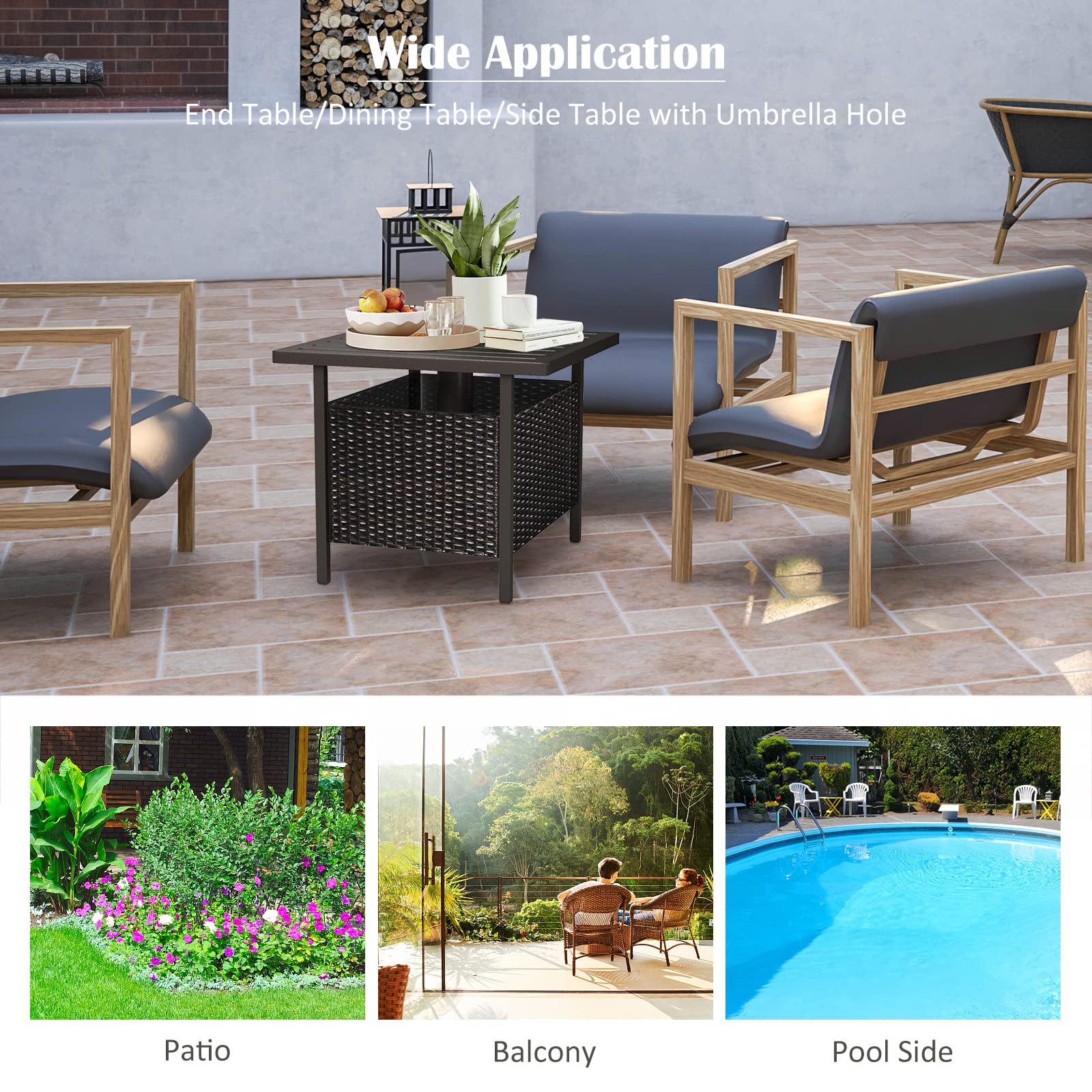 Casart Outdoor Side Table with Umbrella Hole - Square Wicker PE Rattan Coffee Table with Metal Tabletop - Patio End Table for Garden, Backyard, Poolside & Deck - Perfect for Outdoor Dining, Lounging & Entertaining